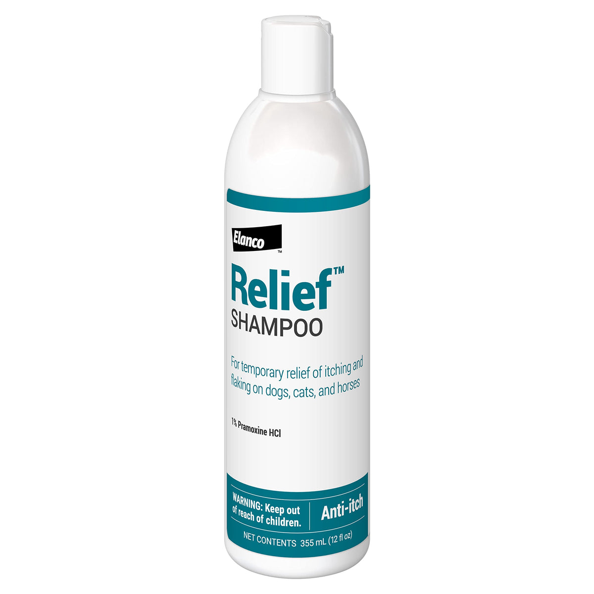 Elanco Relief Shampoo bouteille visible, nettoie et apaise rapidement