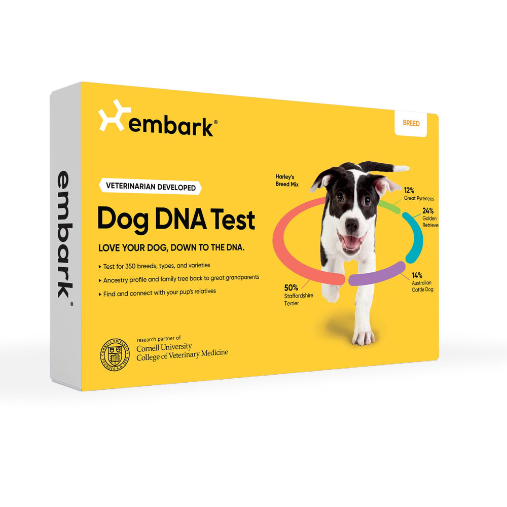 Embark kit face avant montrant la boîte et bénéfice d'un test simple