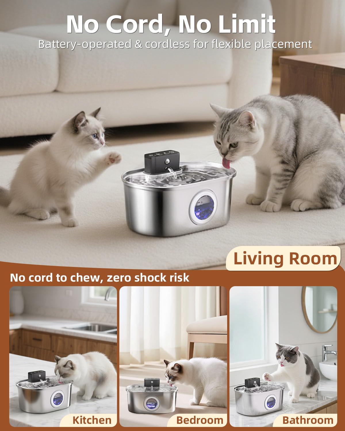 Emdoro bec verseur en acier montrant écoulement d'eau attractif pour chat