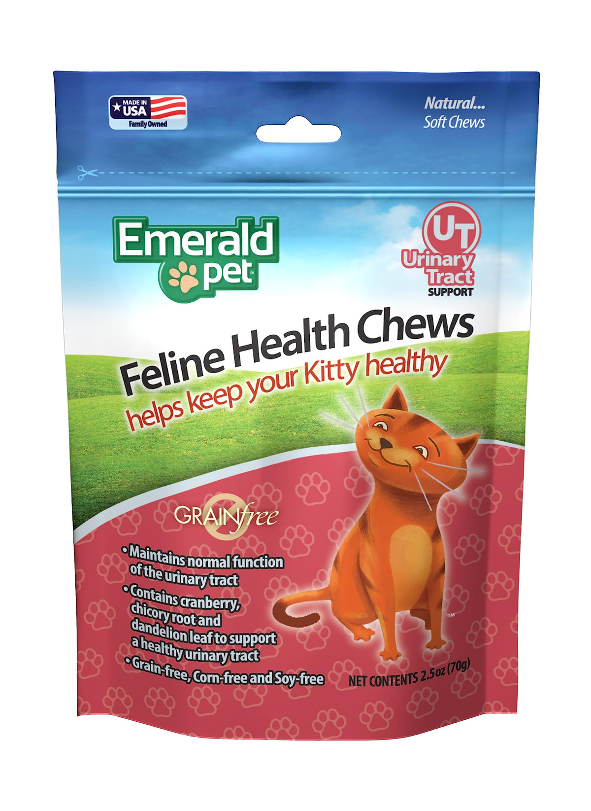 Emerald Pet emballage avant montrant chews et bénéfice support urinaire