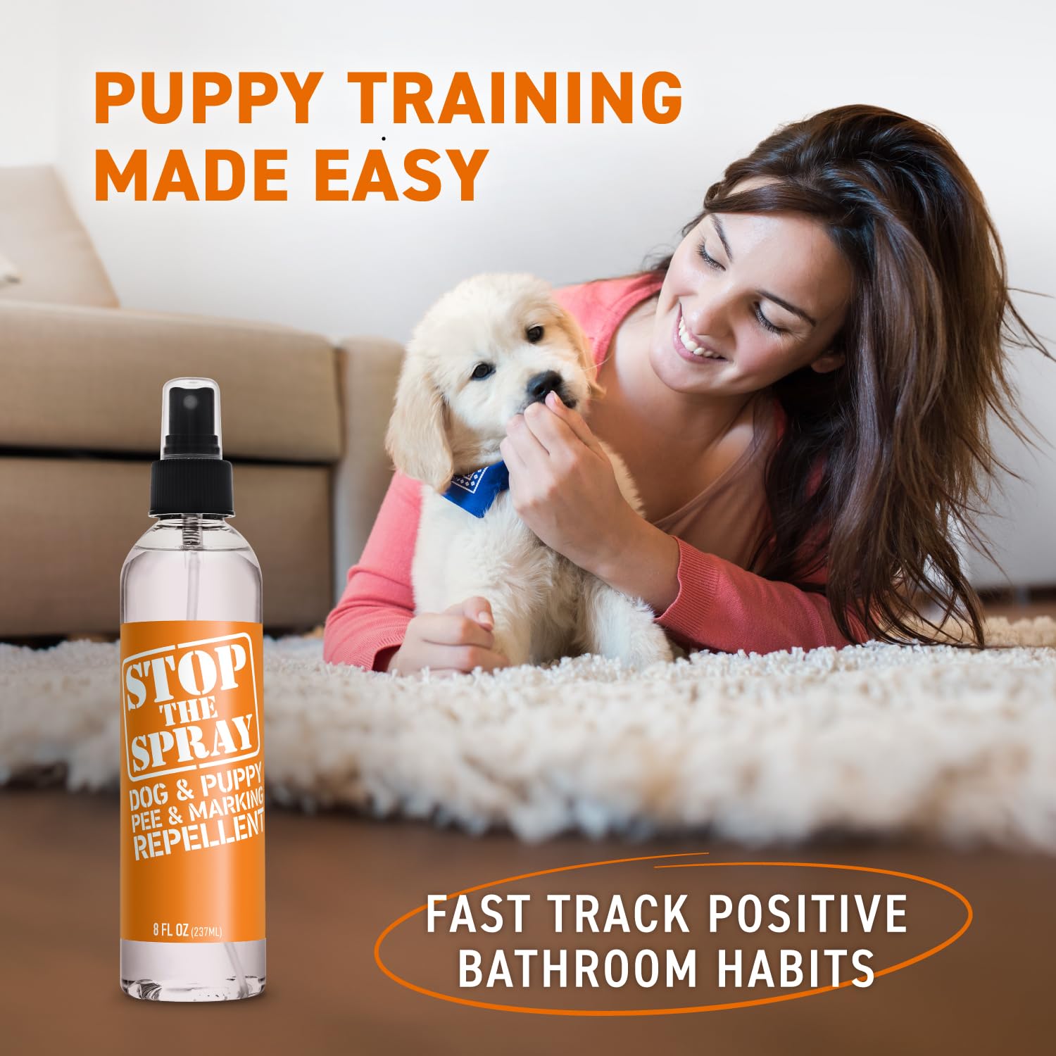 Emmy's Best flacon Stop the Spray tenu en main montrant la taille 8 oz pratique