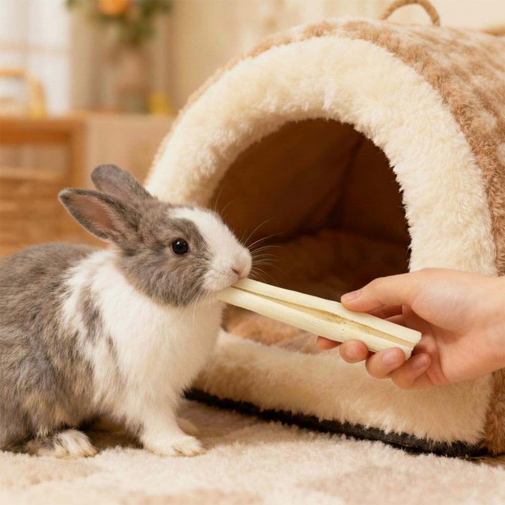 emours mise en scène lifestyle lapin mâchant bénéfice bien-être animal