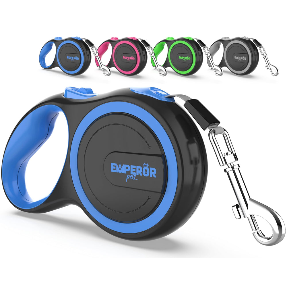 EMPEROR PETS laisse face avant montrant design bleu et ergonomie, sécurité accrue
