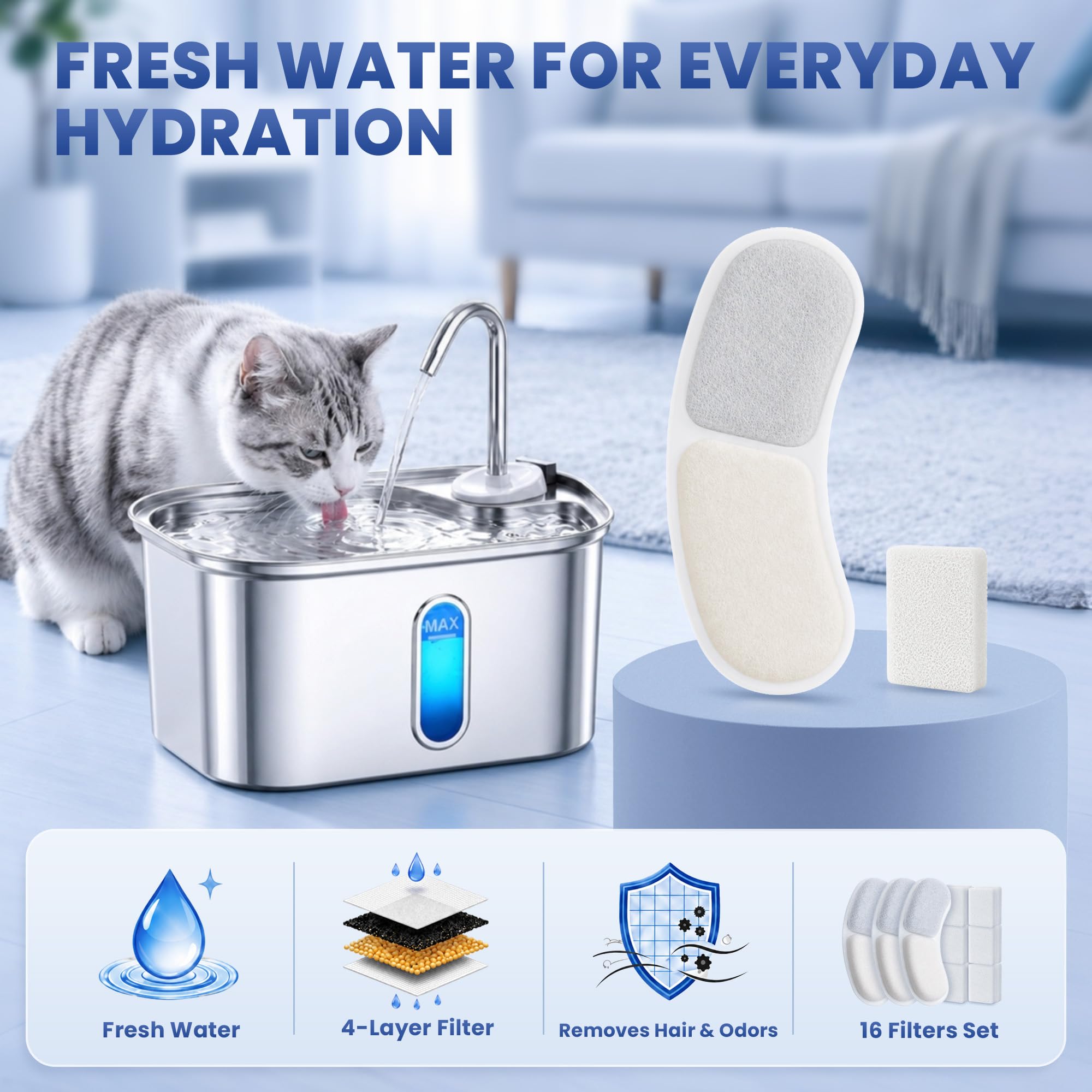 Enhon fontaine dans une cuisine, présentation lifestyle encourage hydratation du chat