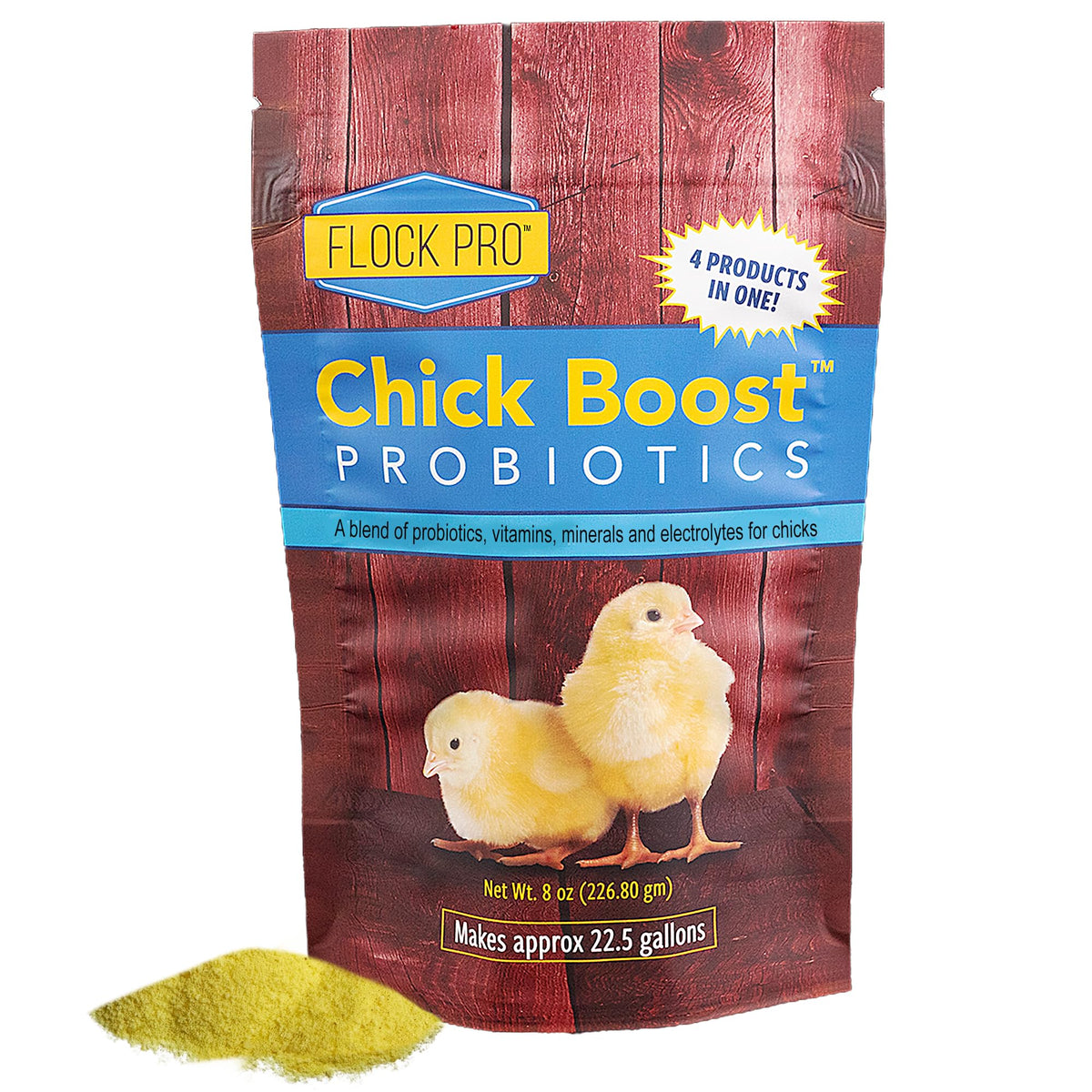 Emballage Equerry's Flock PRO Chick Boost 8oz montrant le format pratique et l'identité de la marque
