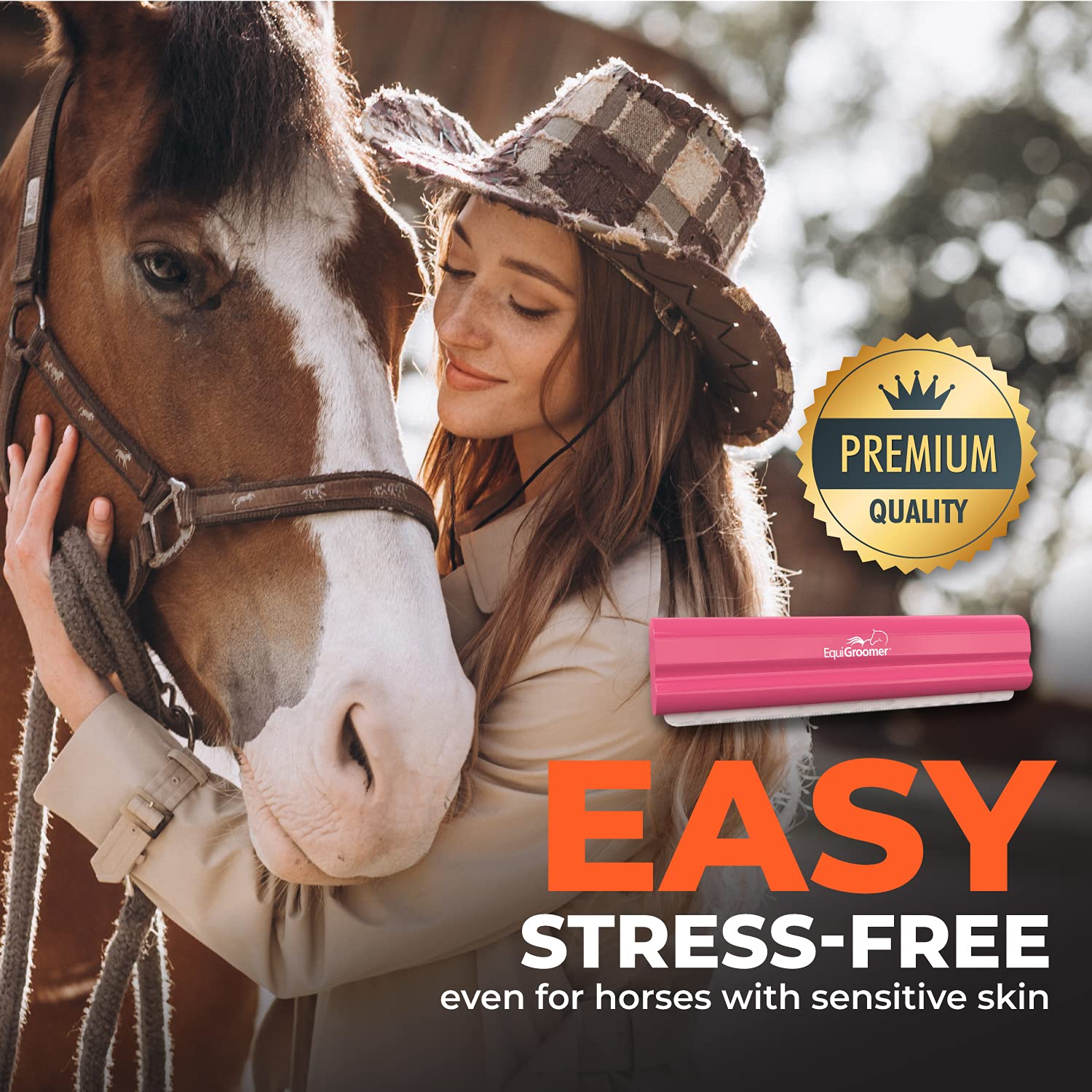 EquiGroomer emballage et étiquette rose présentant informations produit