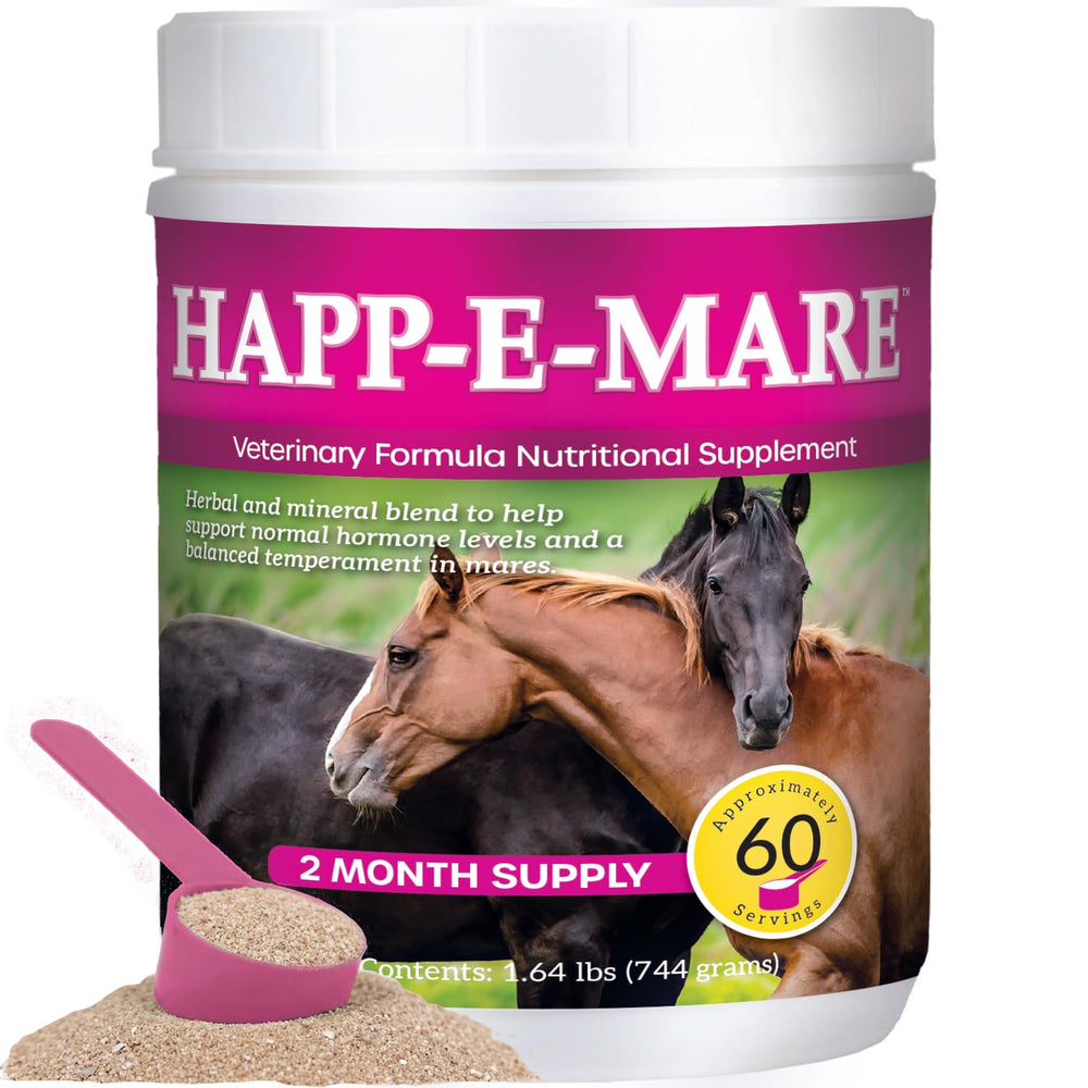 Equine Medical HAPP-E-MARE emballage avant montrant dosage clair et bénéfice apaisant