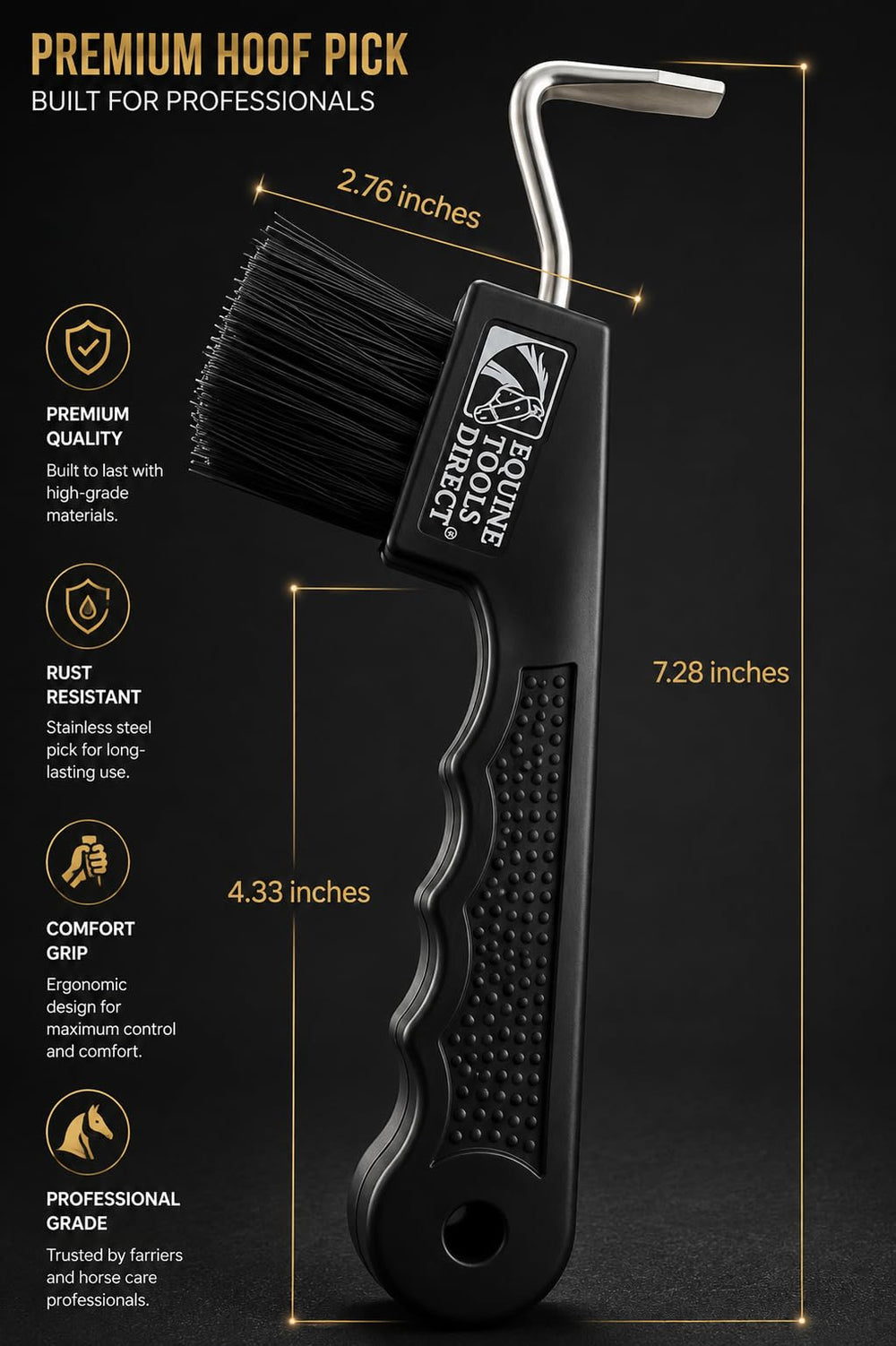 Equine Tools Direct posé à côté d'une main pour montrer taille compacte
