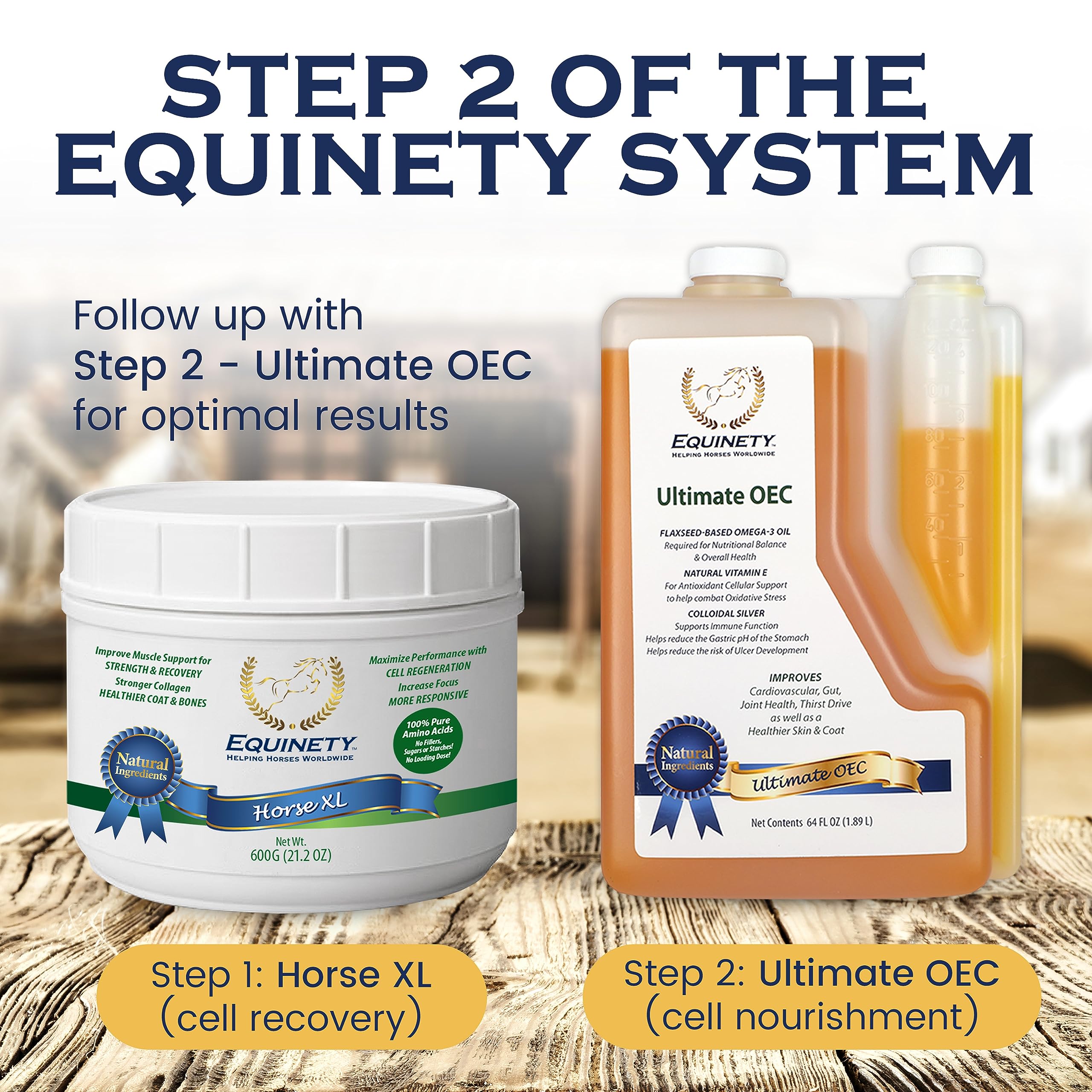 Comparaison taille flacon Equinety 64 fl. oz. montrant quantité pour usage prolongé