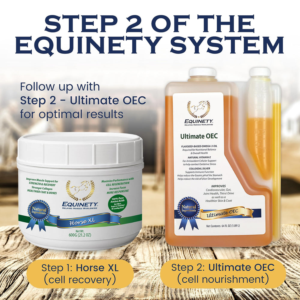 Comparaison taille flacon Equinety 64 fl. oz. montrant quantité pour usage prolongé