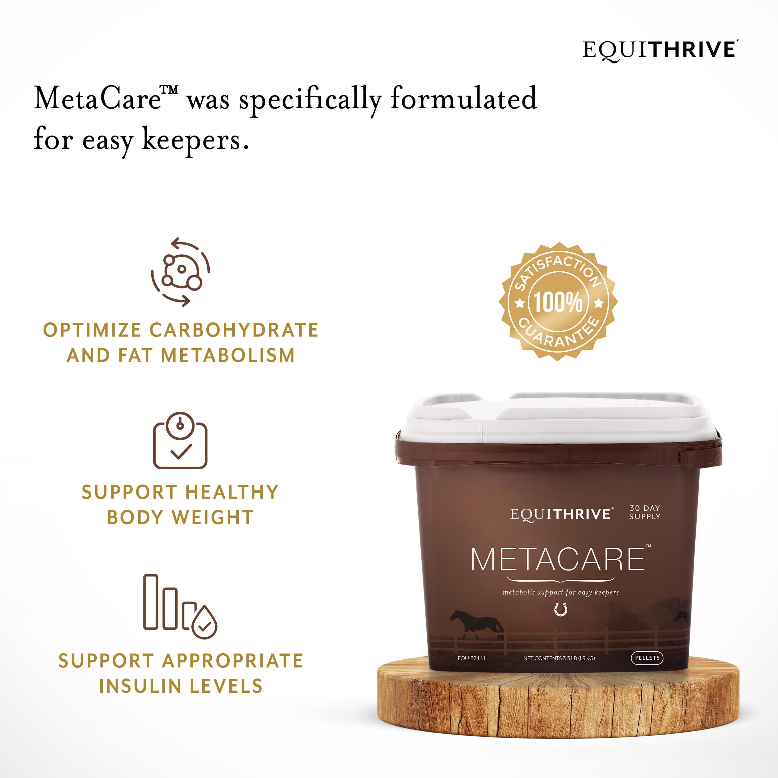 Equithrive MetaCare gros plan des granulés, texture facile à mélanger