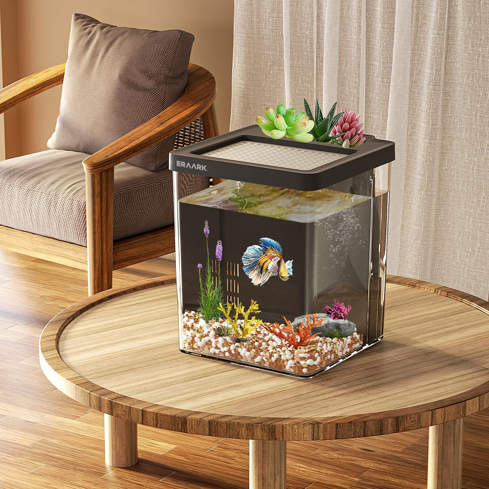ERAARK aquarium dans un salon, apport décoratif et calme visuel