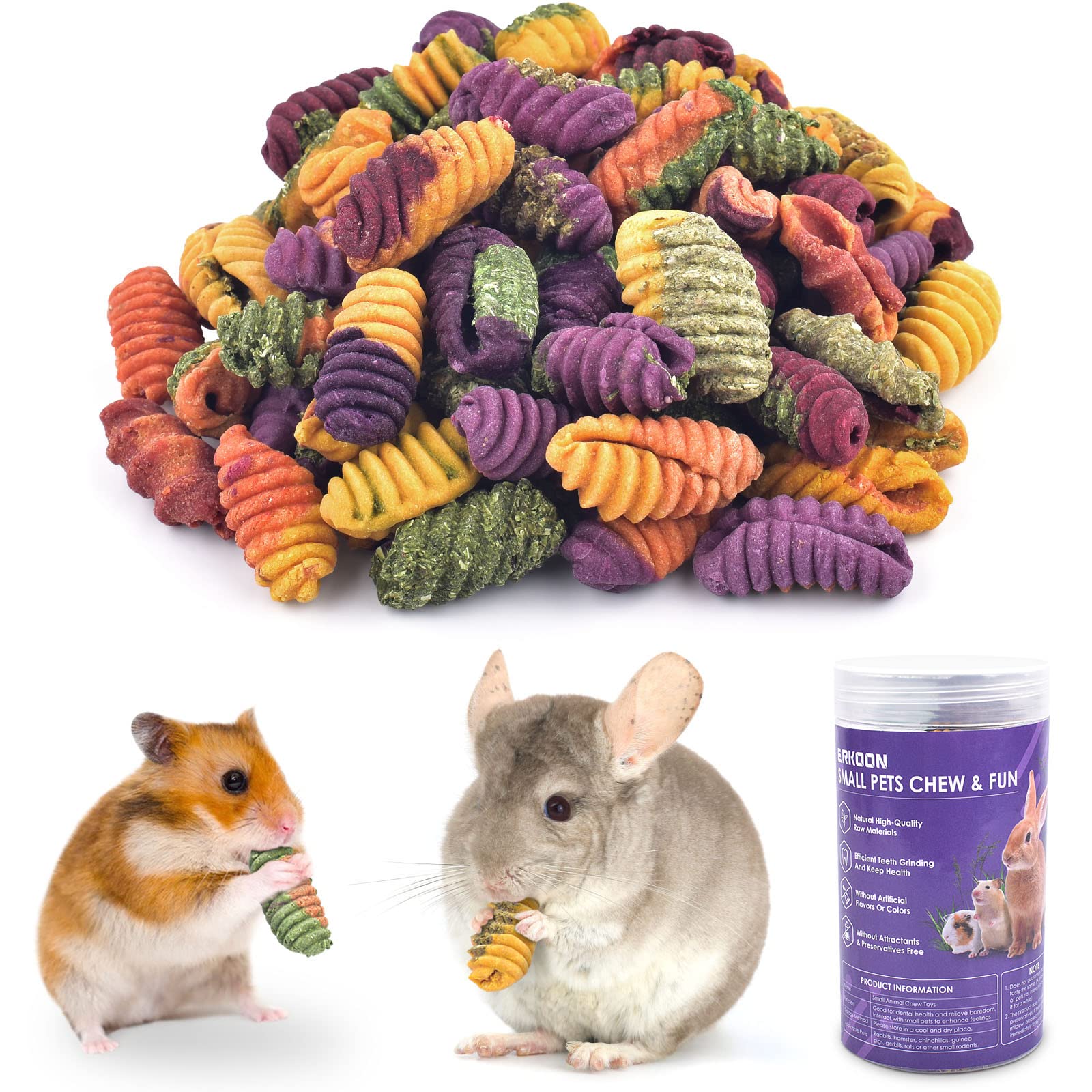 ERKOON emballage avant montrant friandises naturelles pour rongeurs et bénéfice décoration sûre