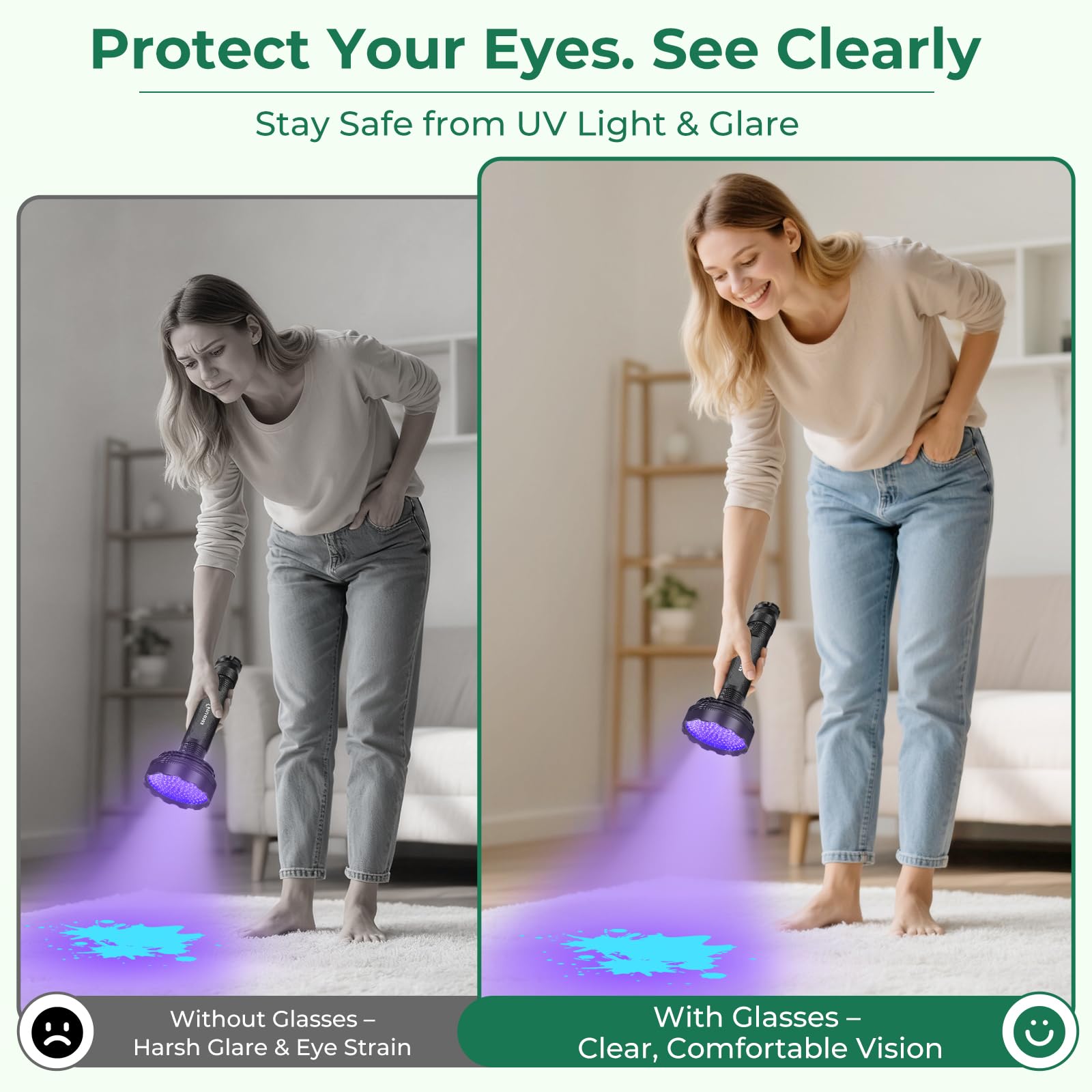 ESCO LITE lampe en usage sur tapis révélant taches invisibles pour nettoyage efficace