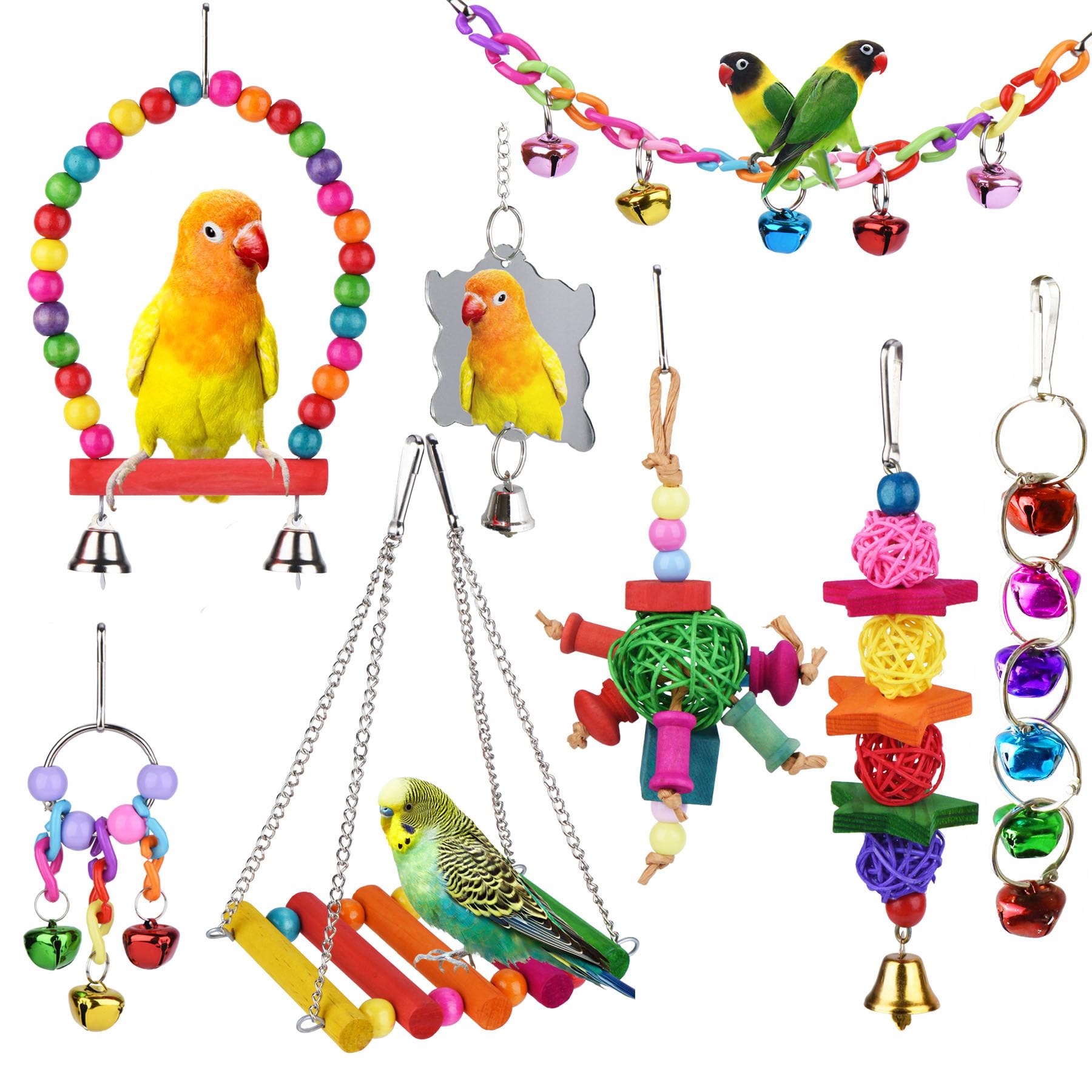 ESRISE vue générale du pack 8 jouets colorés pour perruches, variation et stimulation