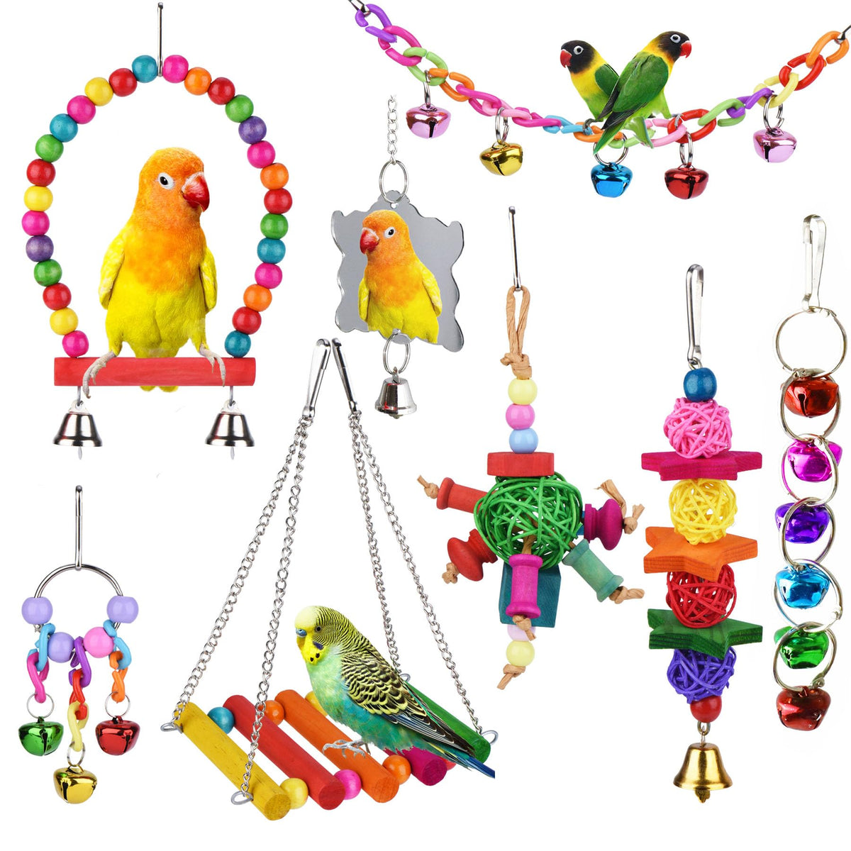 ESRISE vue générale du pack 8 jouets colorés pour perruches, variation et stimulation