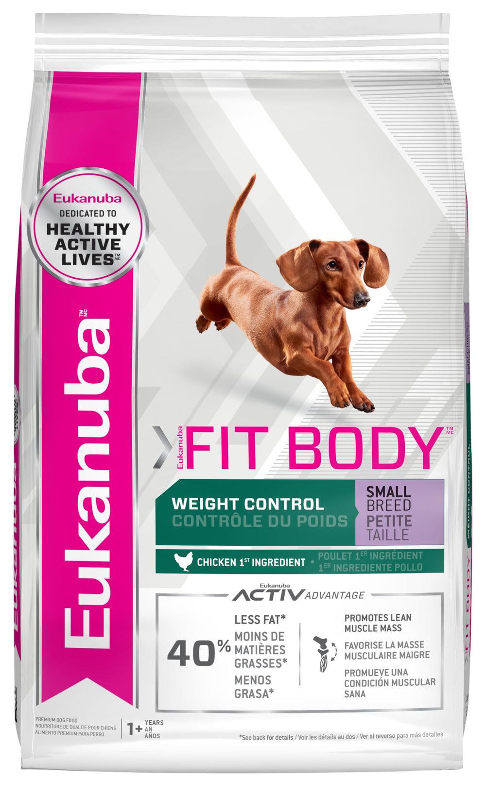 Eukanuba emballage avant Fit Body pour contrôle de poids, information claire