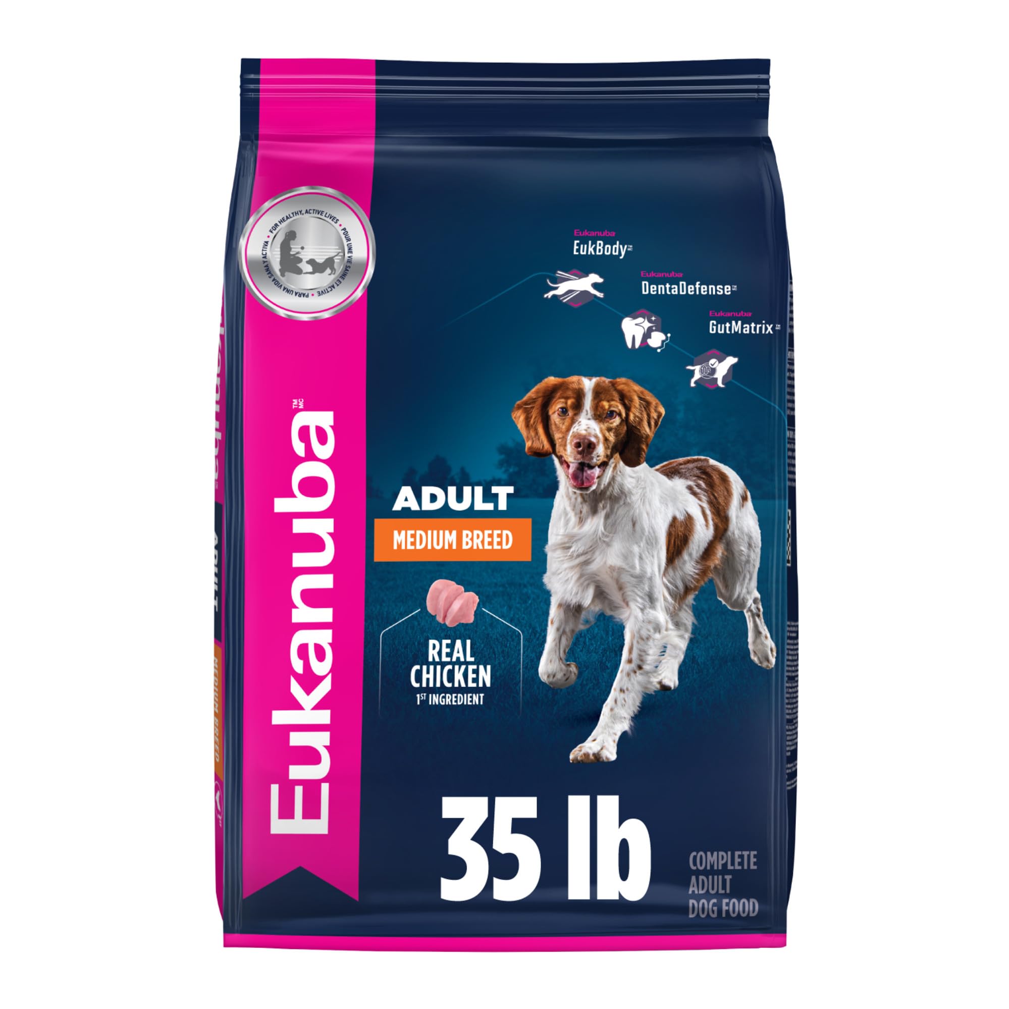 Eukanuba sac 35 lb face avant montrant l'étiquette et avantages