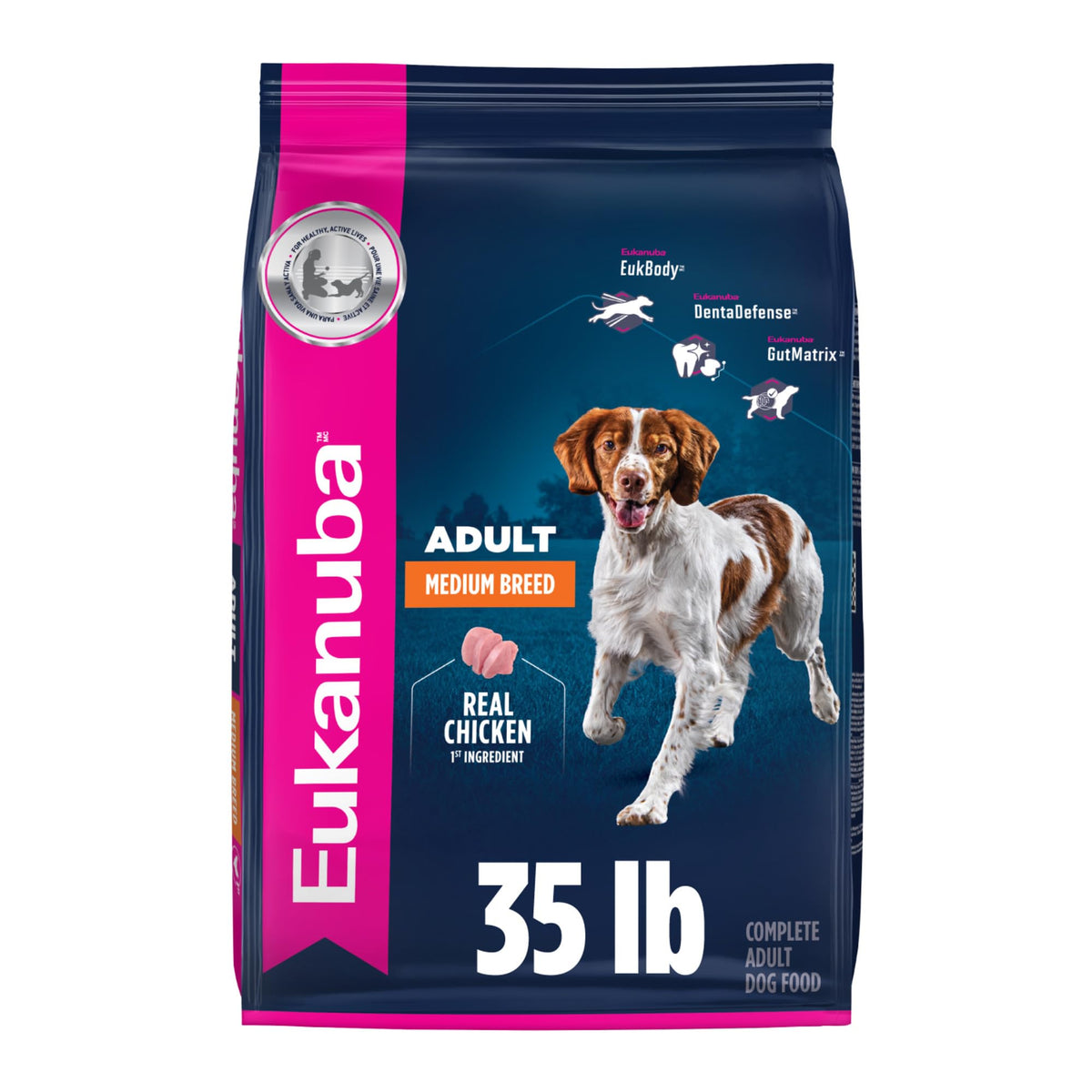 Eukanuba sac 35 lb face avant montrant l'étiquette et avantages