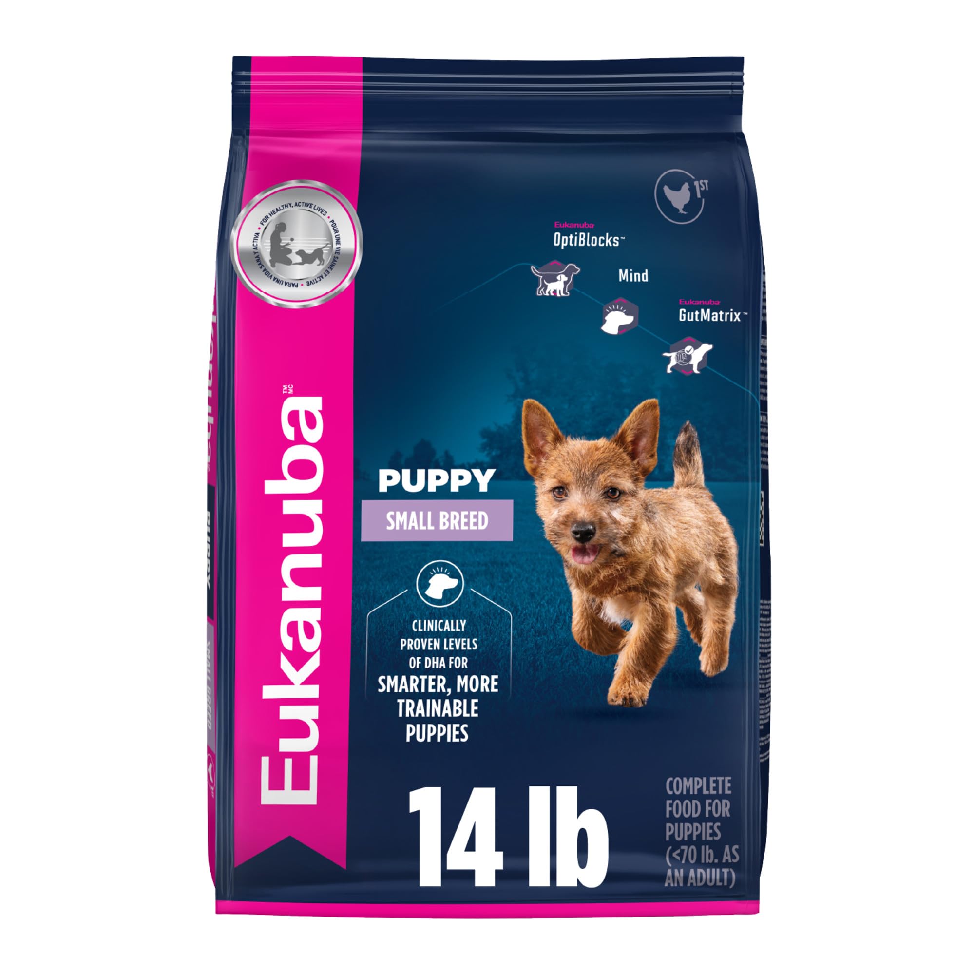 Eukanuba sac devant montrant formule chiot petite race et bénéfice nutritionnel