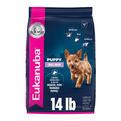 Eukanuba sac devant montrant formule chiot petite race et bénéfice nutritionnel