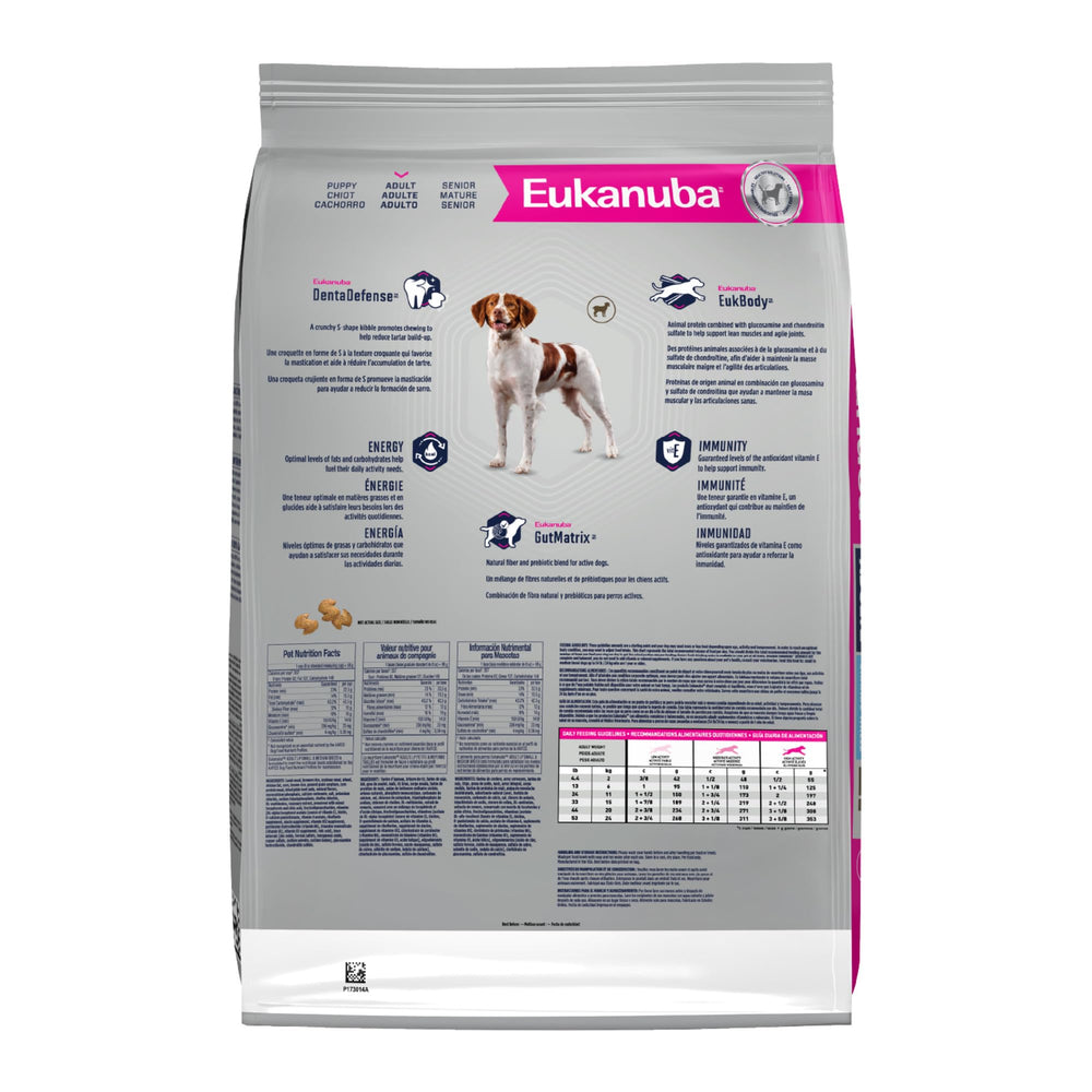 Eukanuba étiquette détaillée illustrant ingrédients et bénéfices