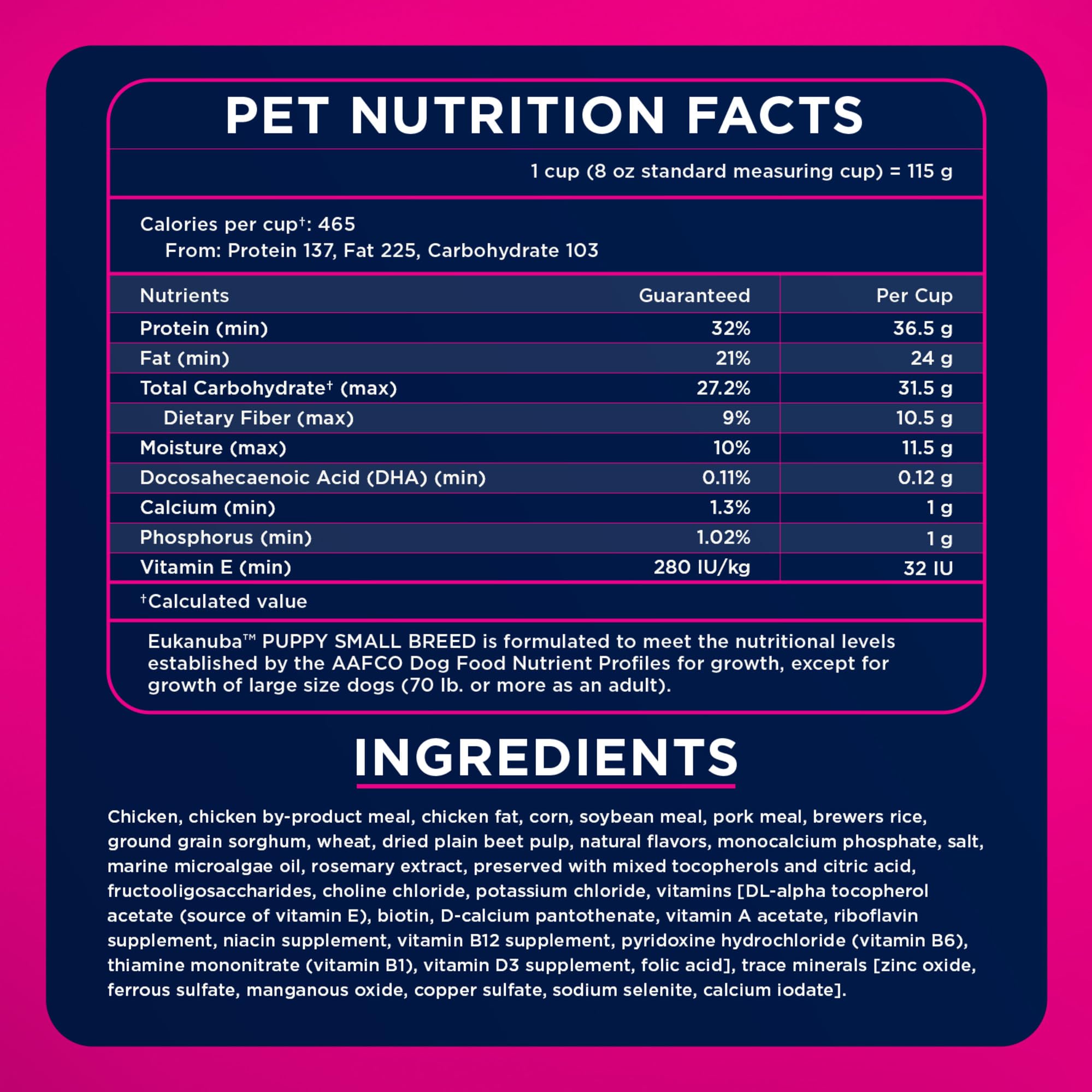 Eukanuba label vitamine E indiquant soutien antioxydant