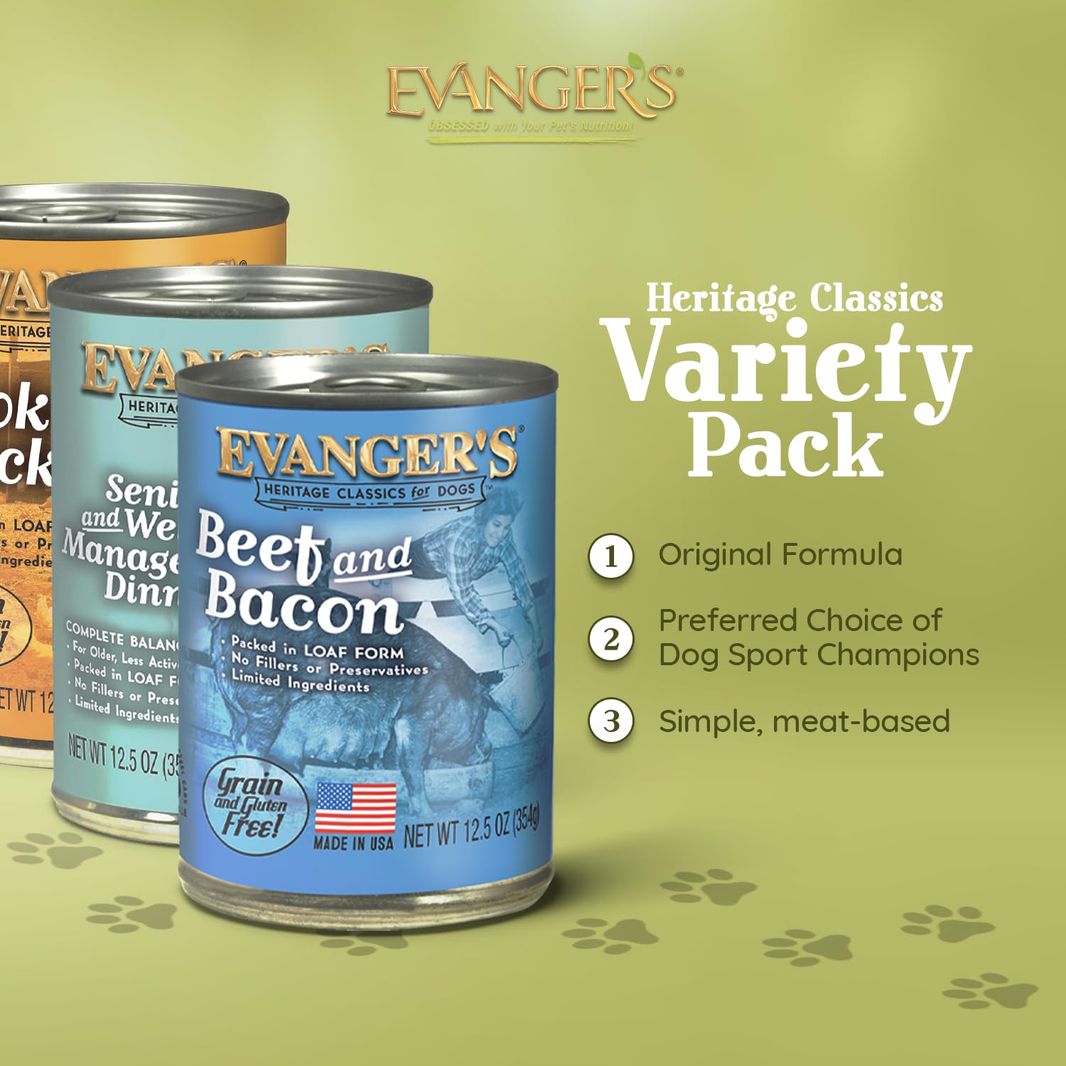 Evanger's étiquette lisible affichant ingrédients clairs et avantages nutritionnels
