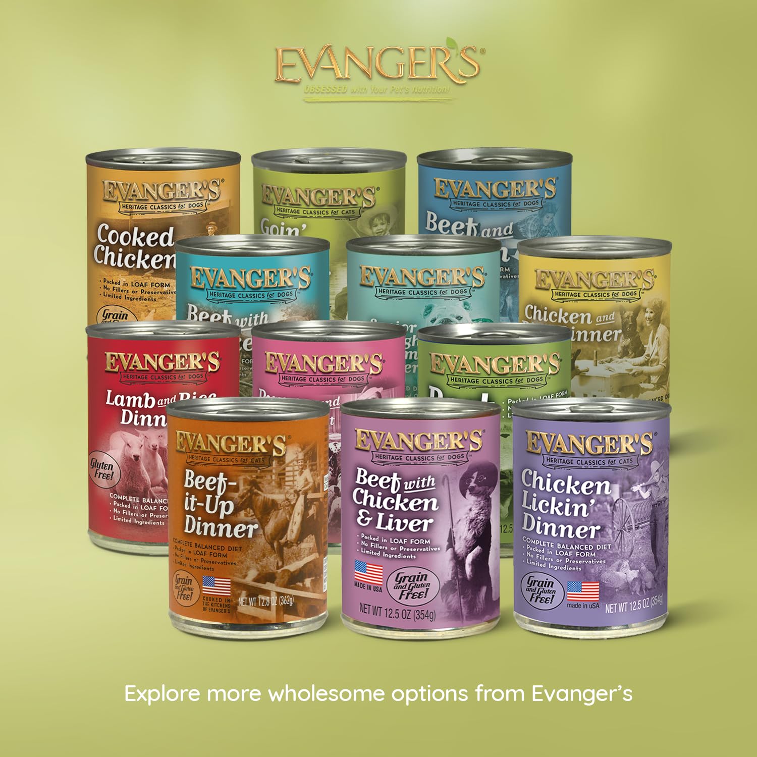 Evanger's ensemble de conserves côte à côte montrant l'assortiment complet