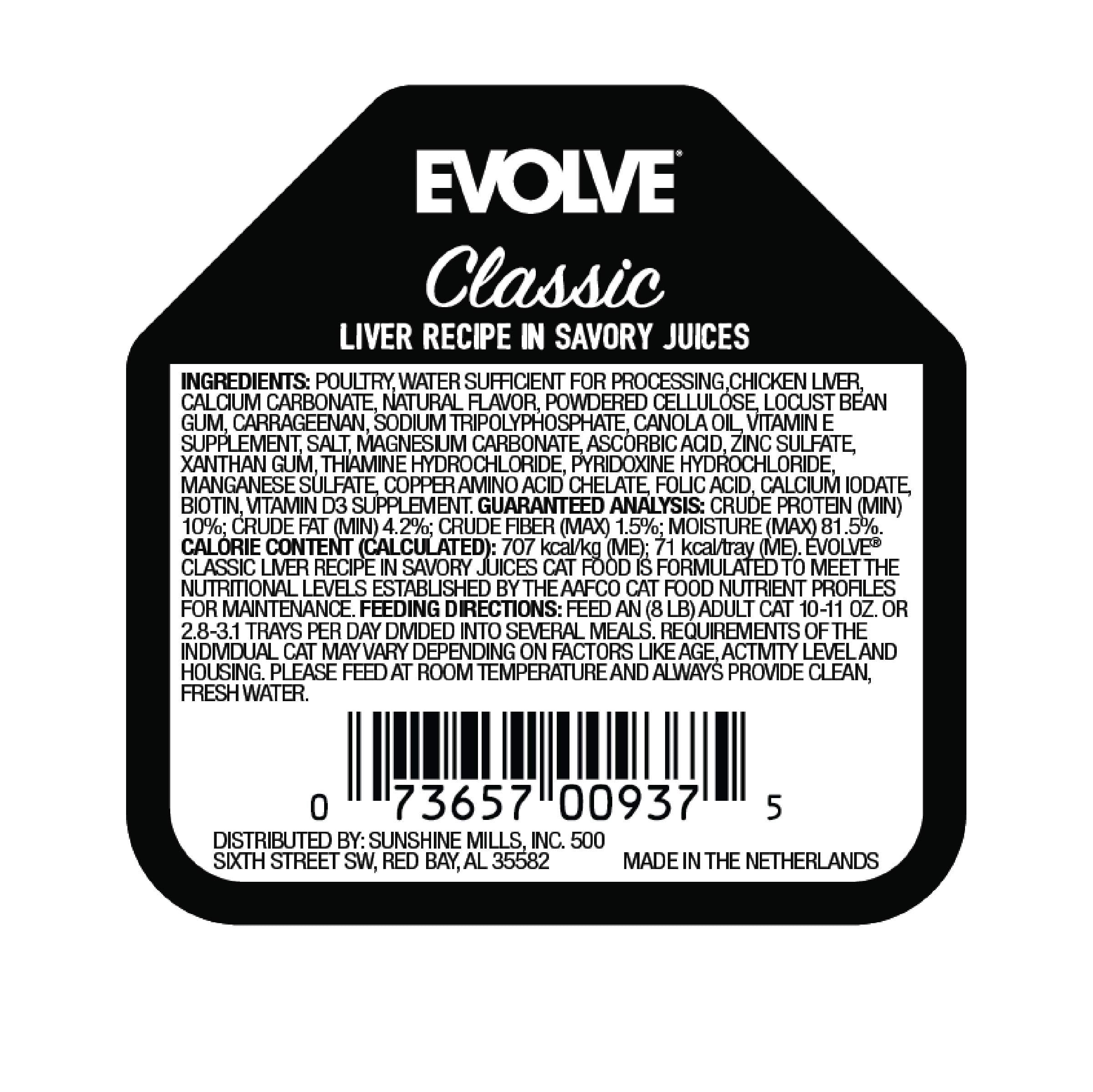 Evolve étiquette lisible avec ingrédients et informations nutritionnelles claires