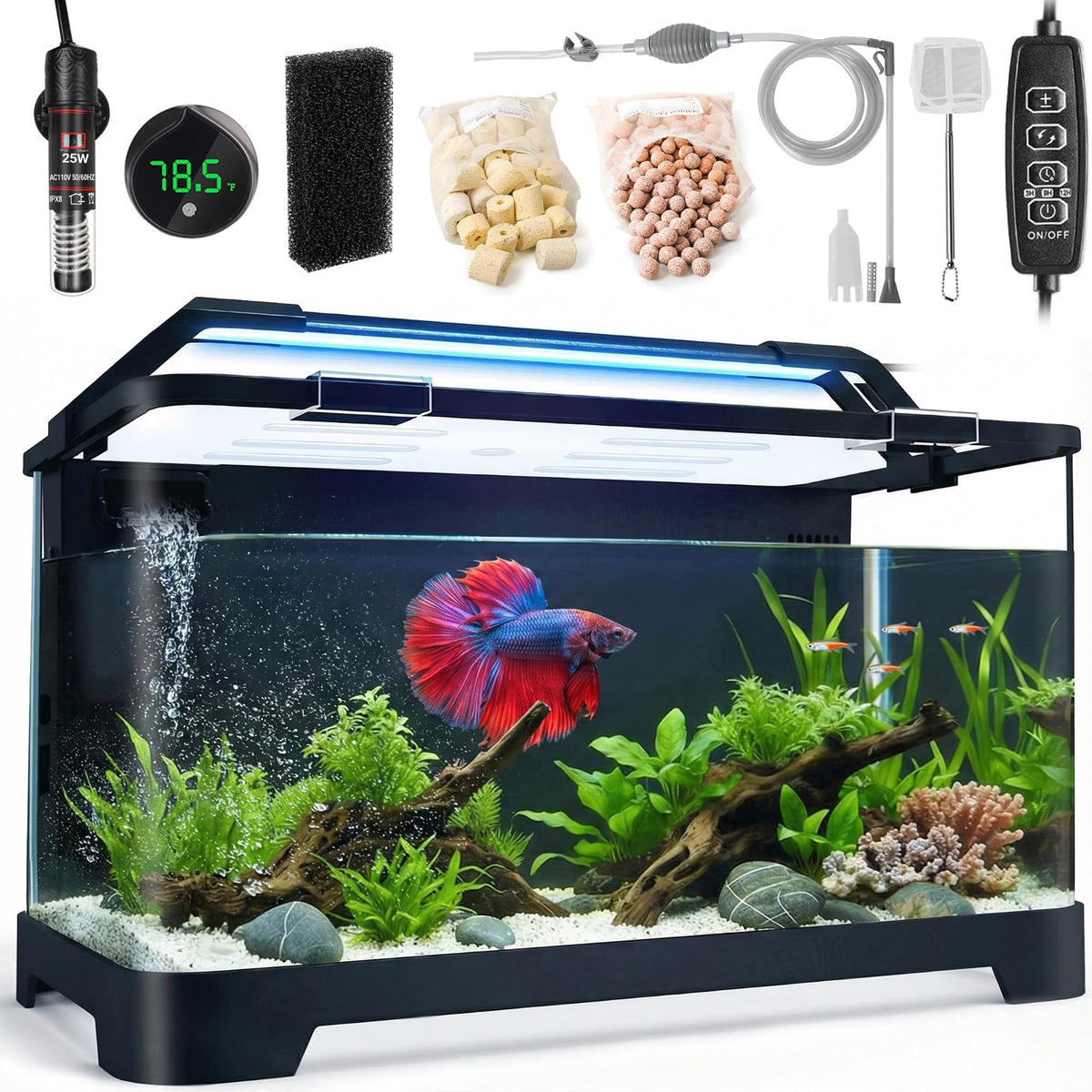 eWonLife vue frontale de l'aquarium, design compact et clair bénéfique