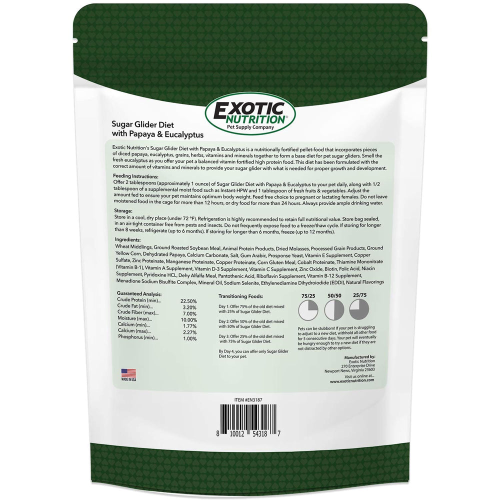 Exotic Nutrition gros plan des granulés montrant texture pour prise facile par le sugar glider