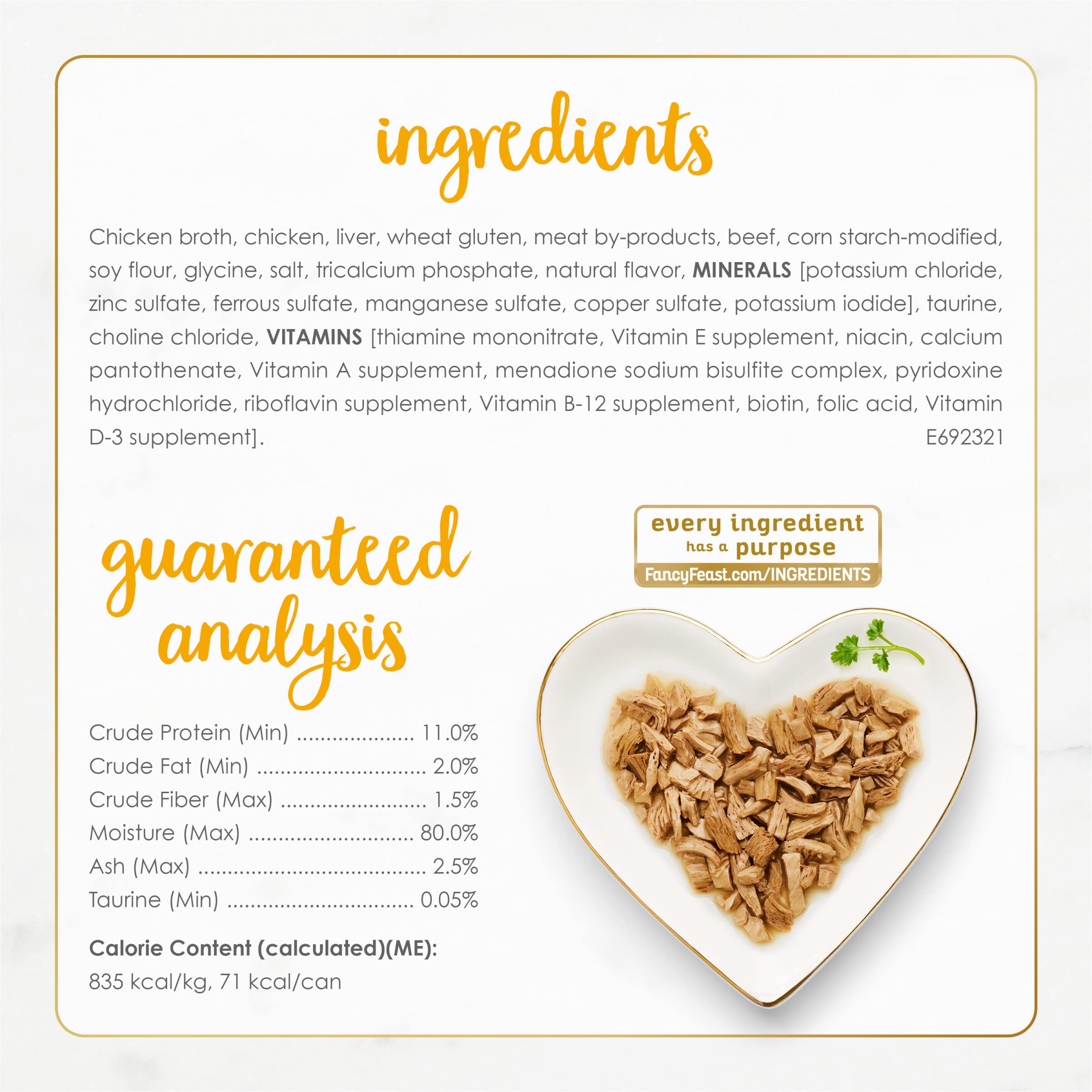 Purina Fancy Feast étiquette détaillée montrant ingrédients et transparence produit