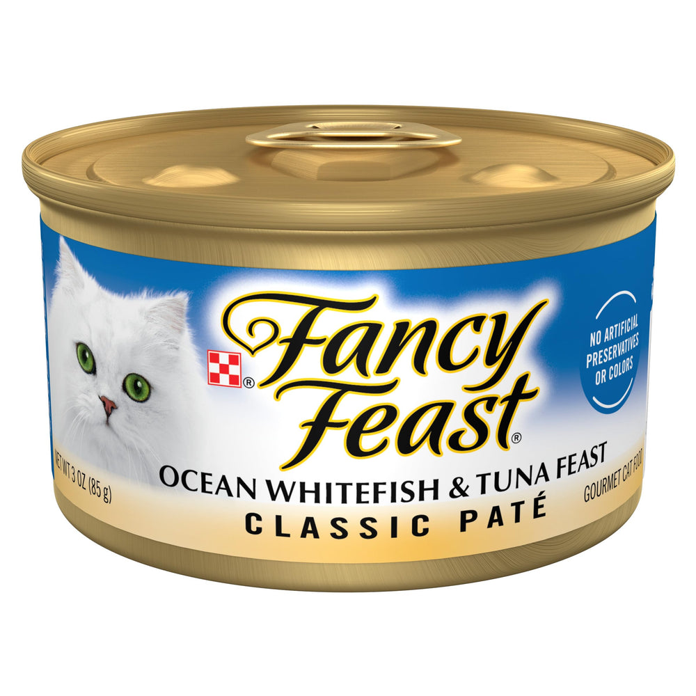 Fancy Feast face avant de la boîte montrant la recette et l’appétence