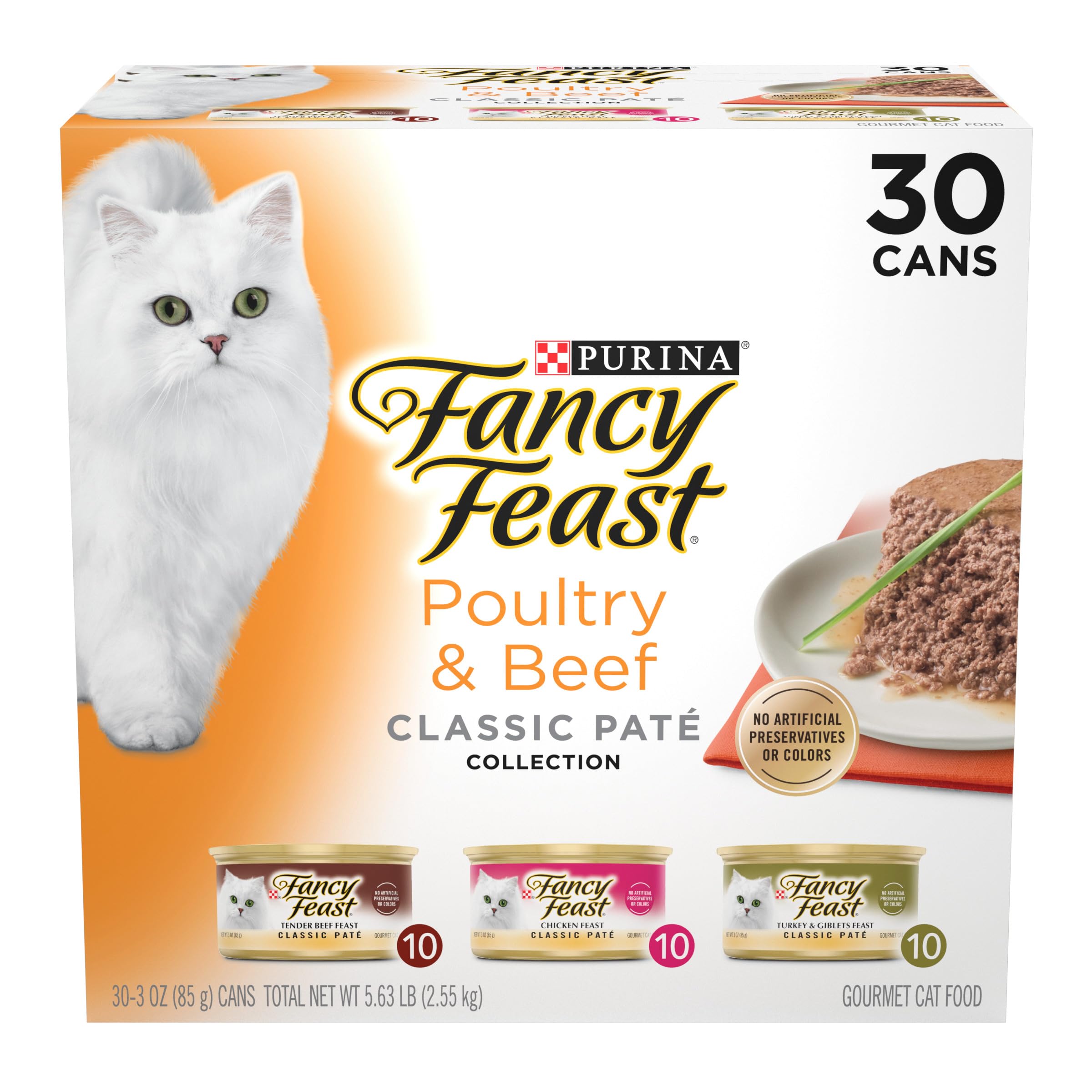 Fancy Feast boîte face montrant l’emballage et facilitation du service