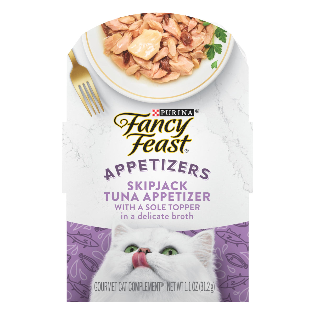 Fancy Feast vue avant du pack de 10 coupelles, montre la praticité