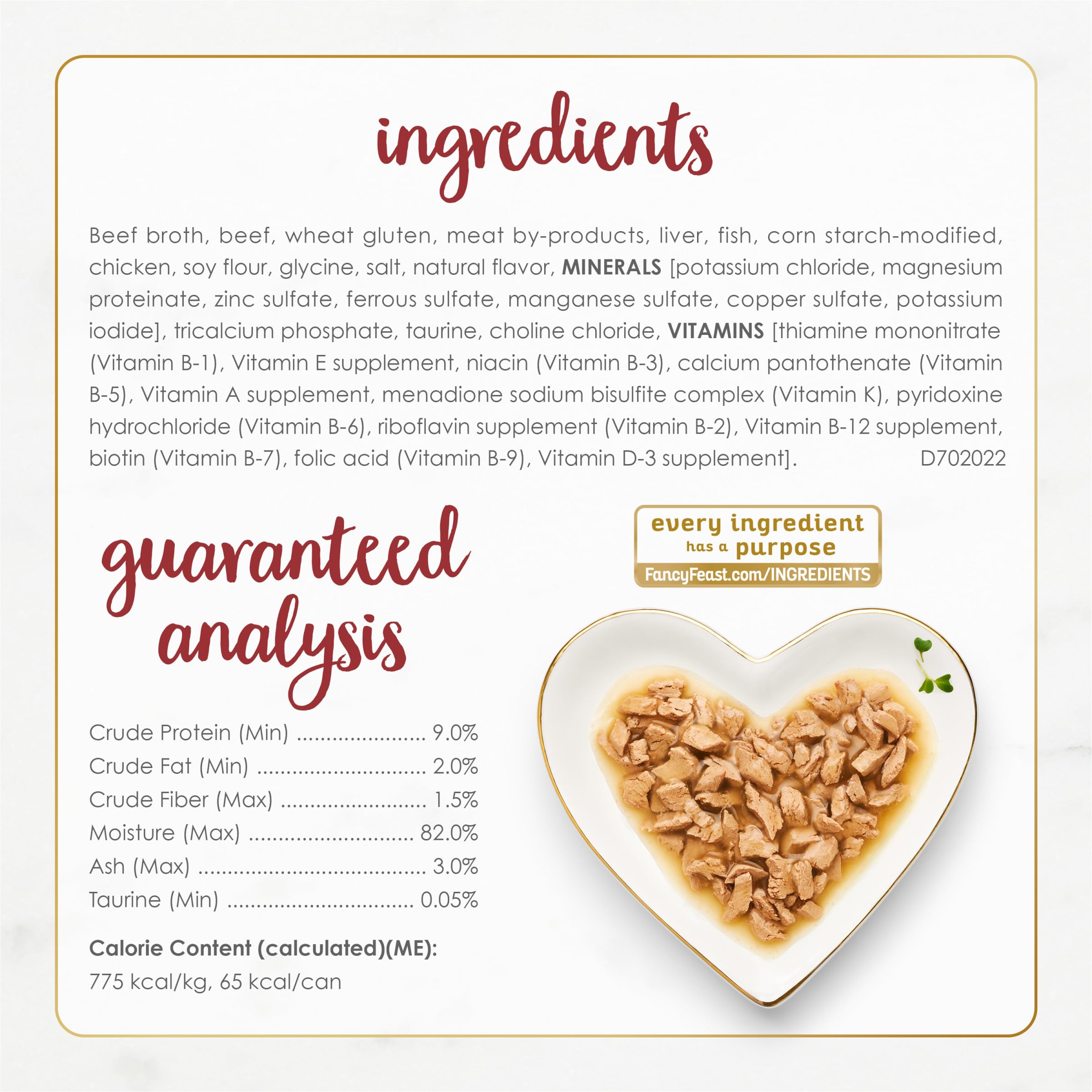 Fancy Feast étiquette nutrition affichant ingrédients et informations qualité