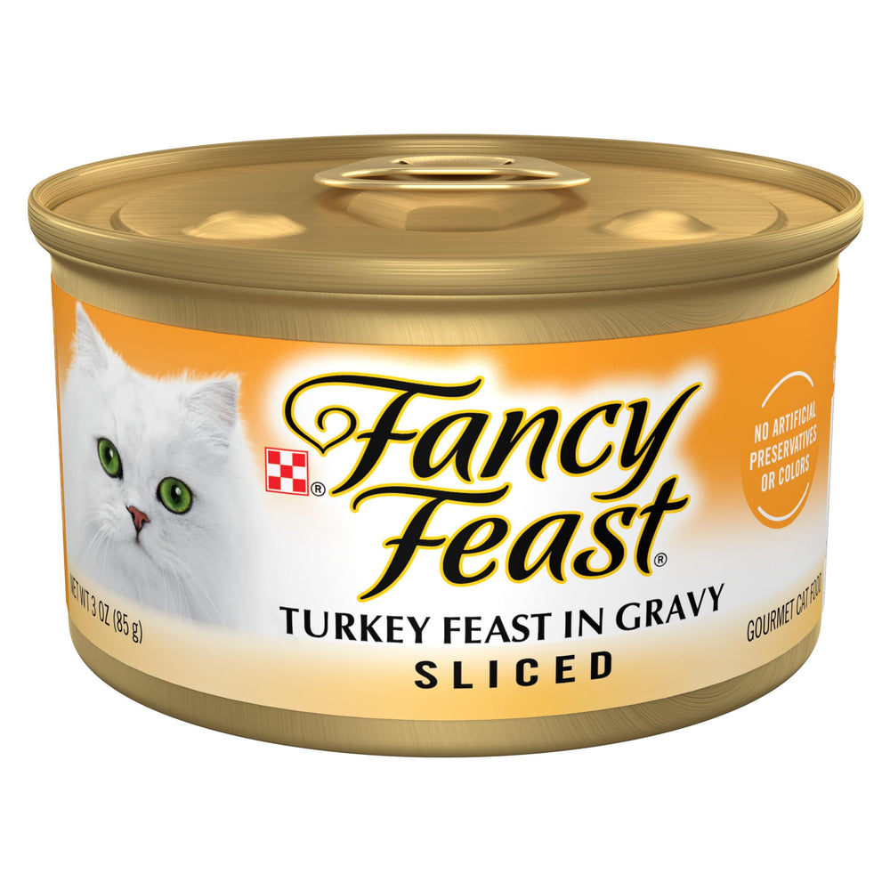Fancy Feast boîte avant montrant le visuel appétissant et l'attrait gustatif