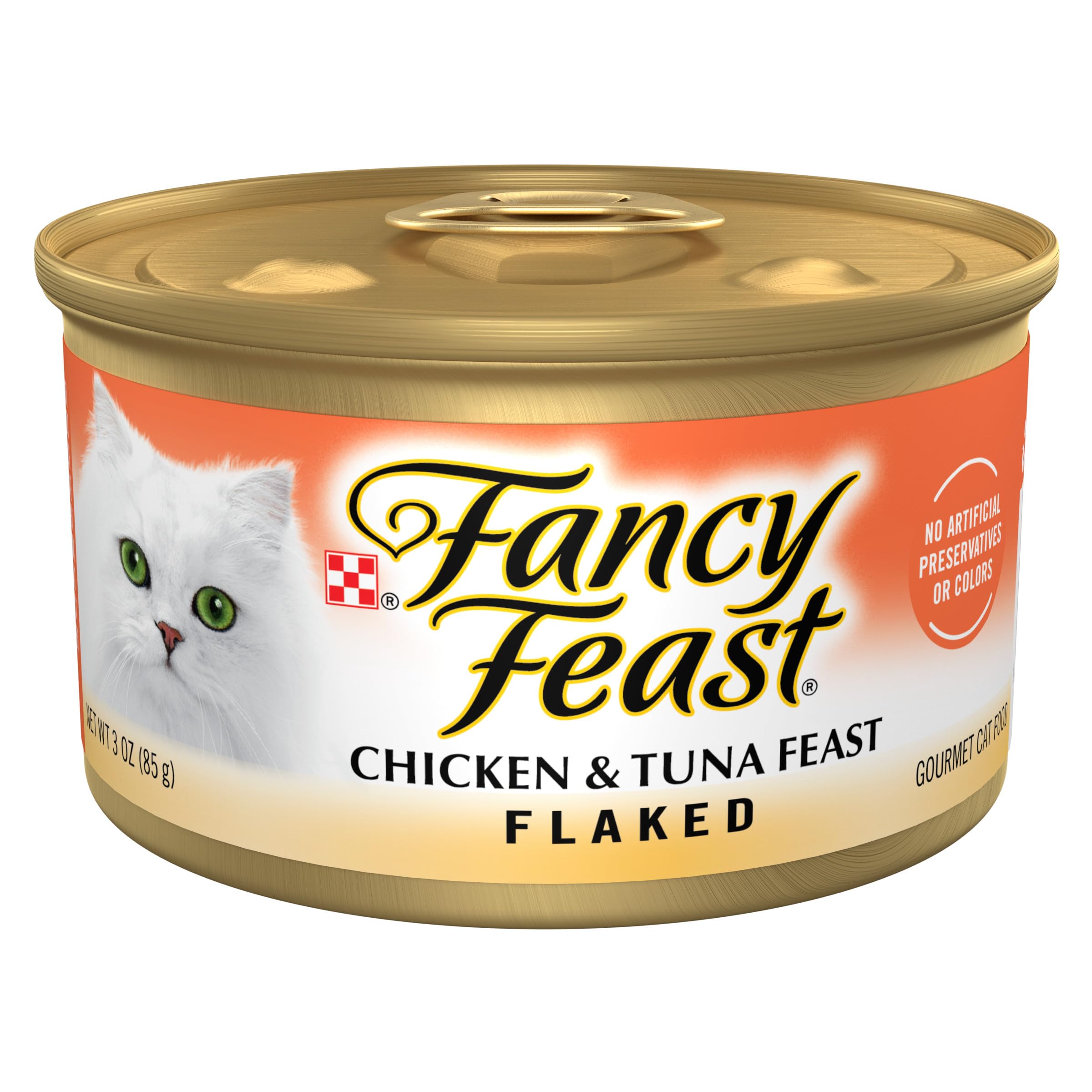 Fancy Feast boîte face montrant flocons de poulet et thon appétissant