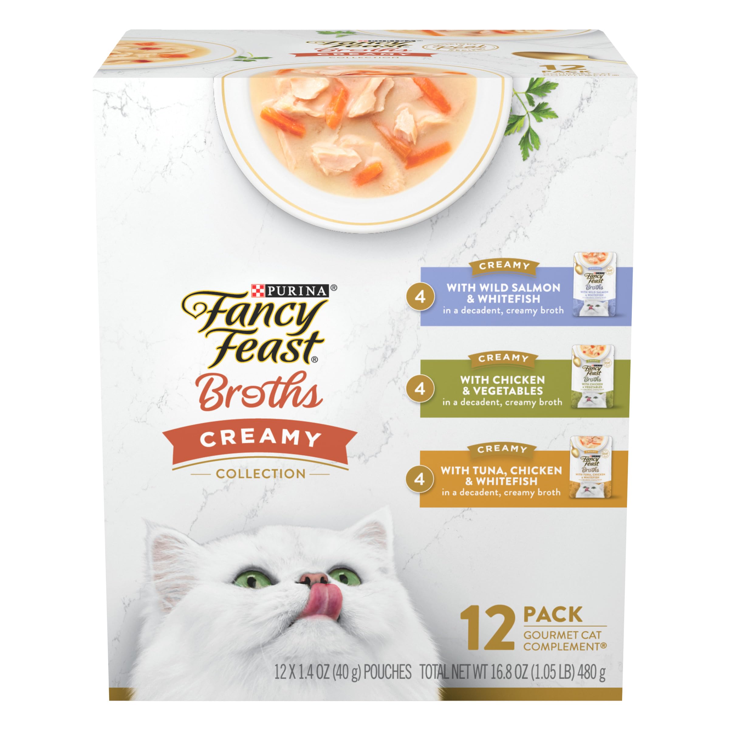 Fancy Feast sachet devant montrant l’étiquette et l’appétence
