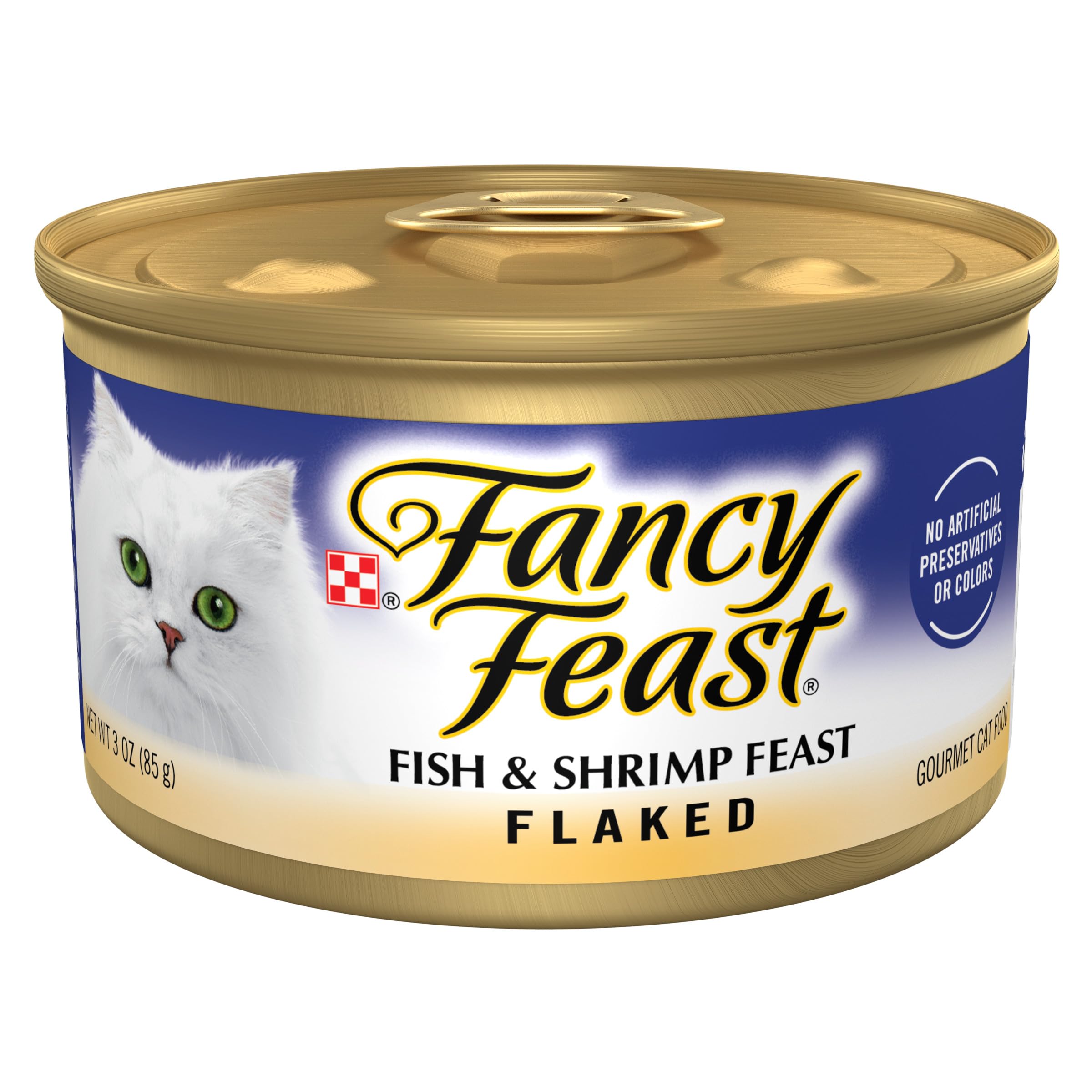 Fancy Feast emballage avant montrant les poissons et crevettes, attire le chat exigeant