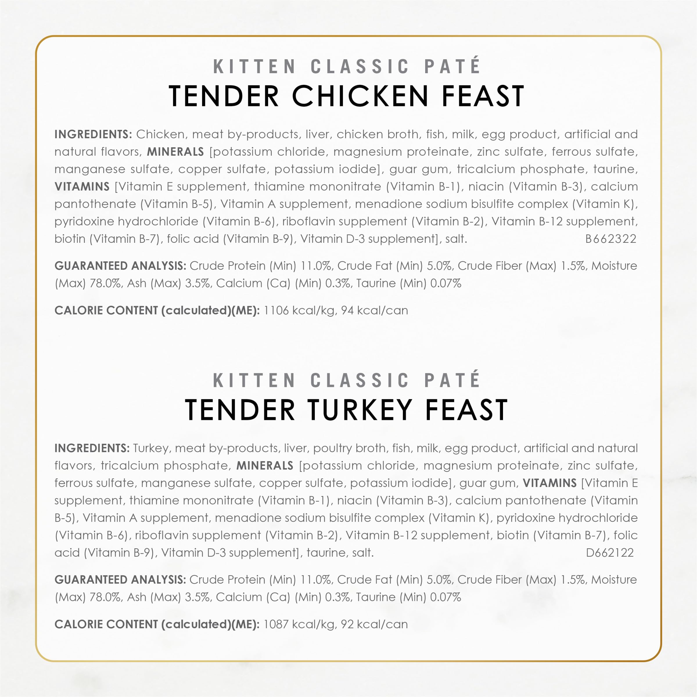 Fancy Feast étiquette ingrédients montrant poisson ou volaille en premier ingrédient