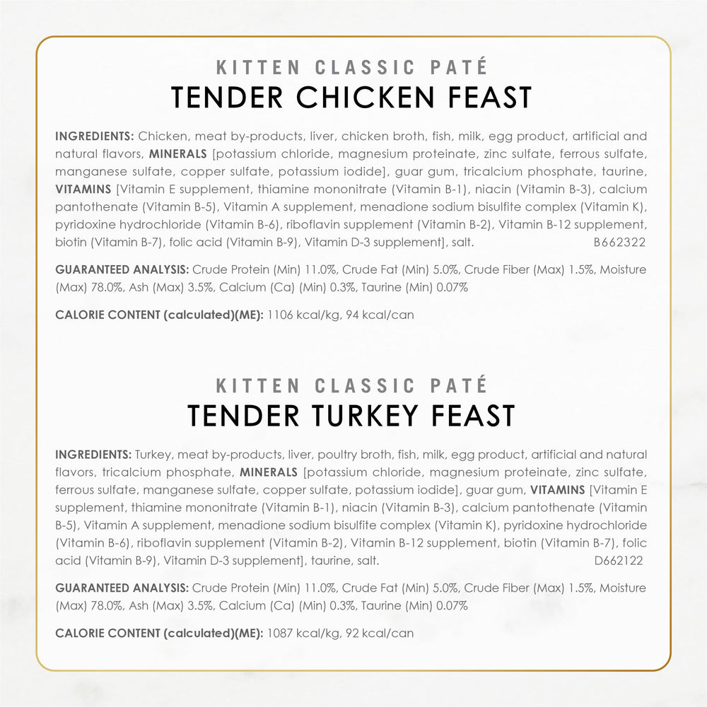 Fancy Feast étiquette ingrédients montrant poisson ou volaille en premier ingrédient