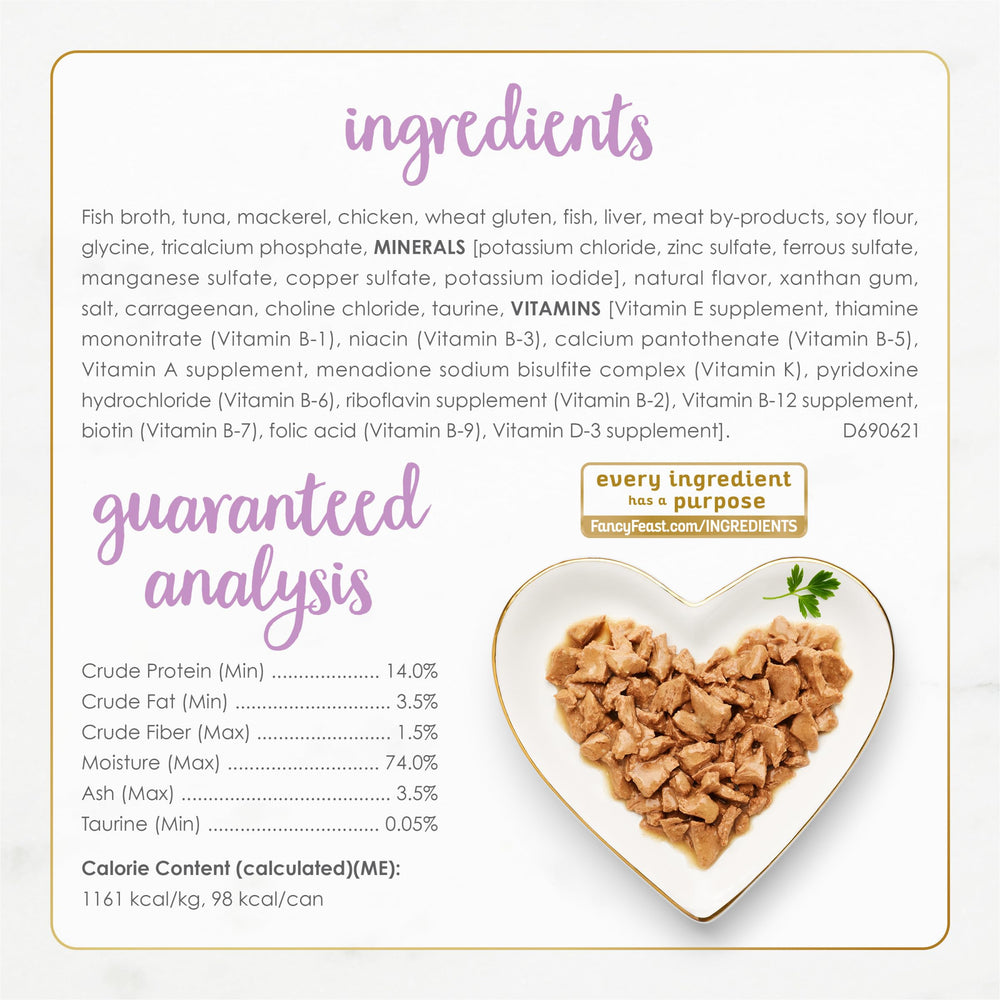 Fancy Feast étiquette nutritionnelle lisible, information complète sur ingrédients