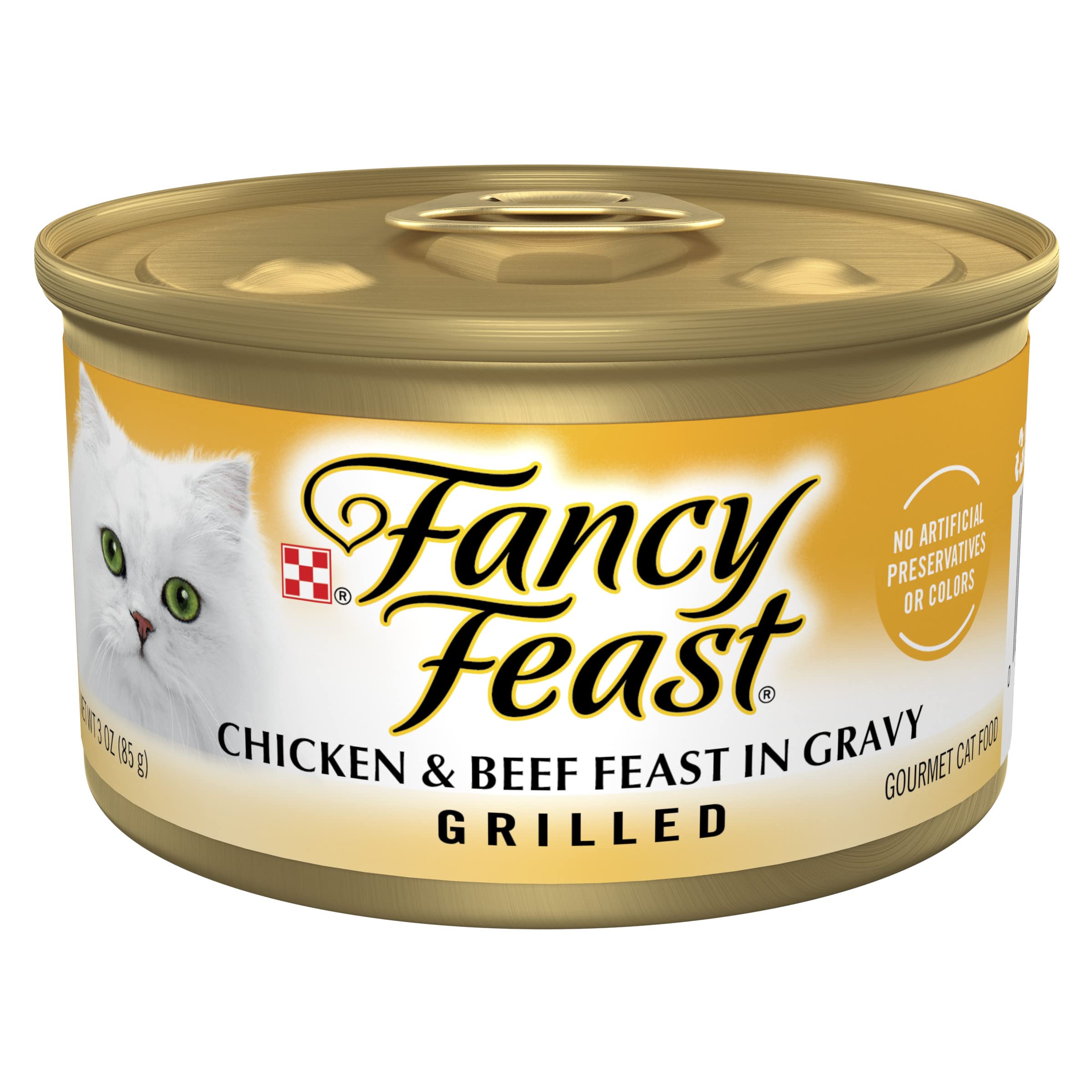 Purina Fancy Feast face avant de la boîte montrant l'étiquette et l'attrait gourmet
