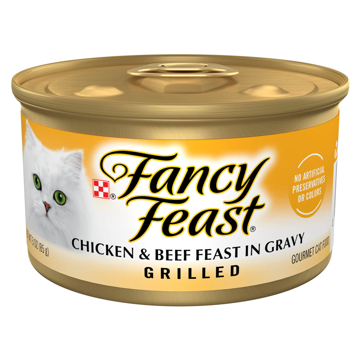 Purina Fancy Feast face avant de la boîte montrant l'étiquette et l'attrait gourmet