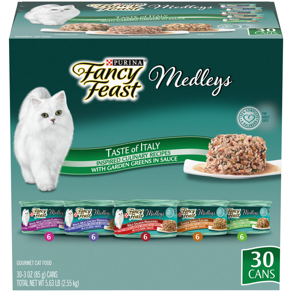 Fancy Feast face avant du pack 30 boîtes montrant la variété