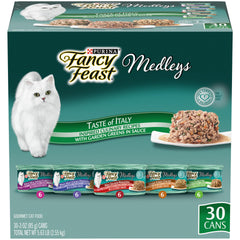 Fancy Feast face avant du pack 30 boîtes montrant la variété