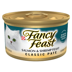 Fancy Feast face de la boîte montrant saumon et crevette, appétence garantie