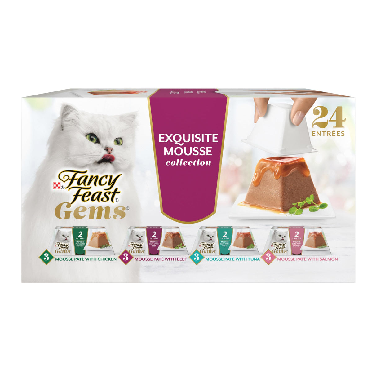 Fancy Feast sachet en vue frontale montrant l'emballage pratique et appétissant